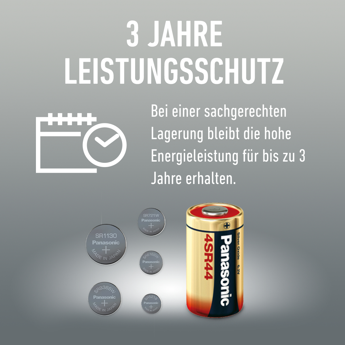 Bild mit Text auf grauem Hintergrund, inkl. Batterien und Text über 3 Jahre Leistungsschutz.