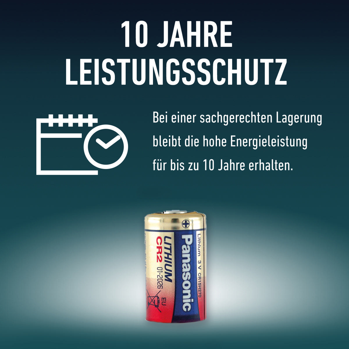 Panasonic CR2 Batterie mit Text, '10 Jahre Leistungsschutz'.