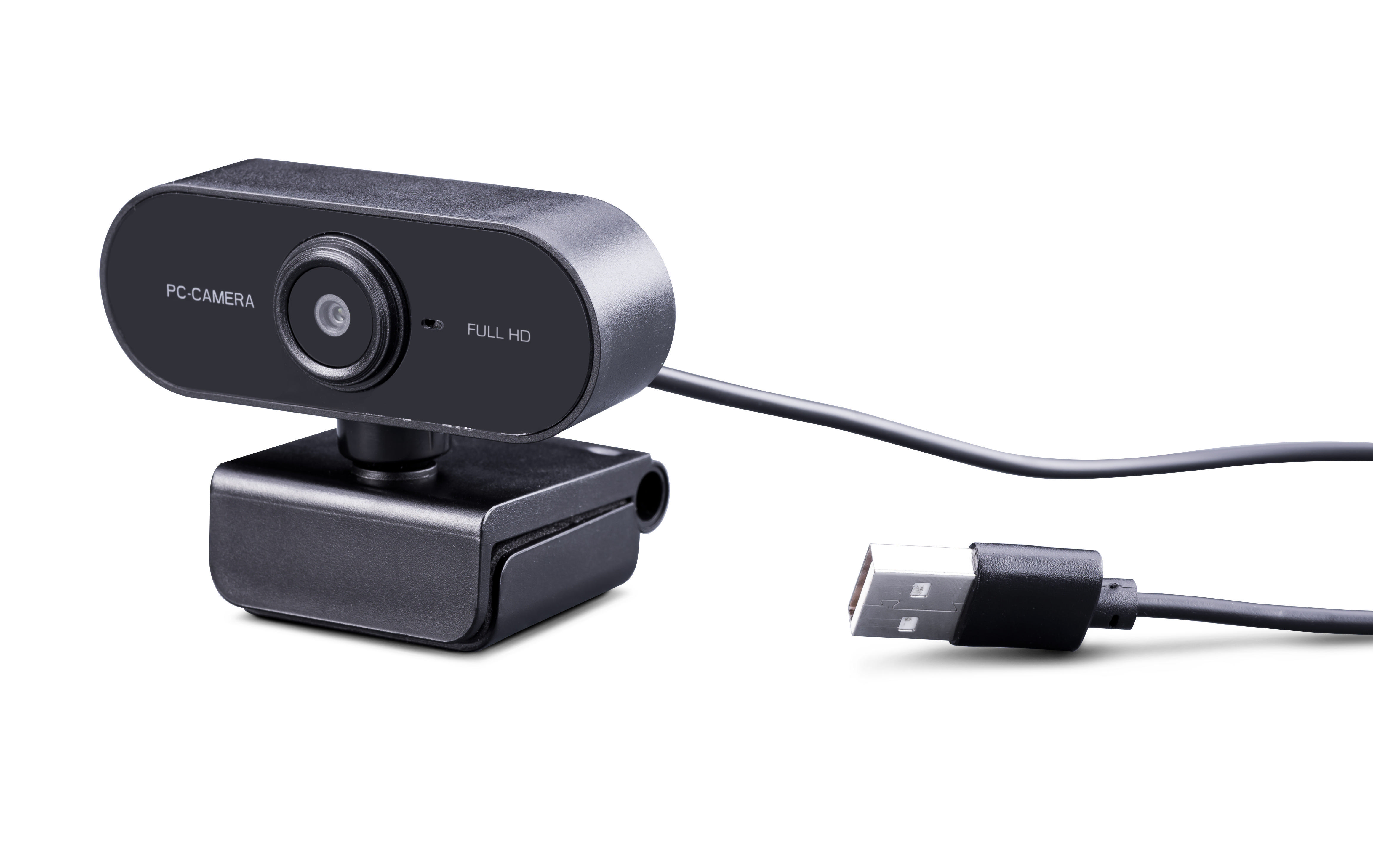 Schwarze Webcam mit USB-Kabel. Weißer Hintergrund.