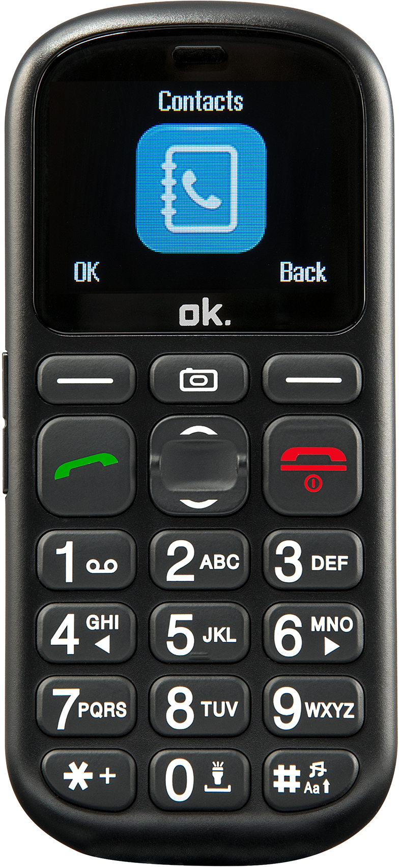 Fekete mobiltelefon nagy gombokkal és egy kontakt ikonnal a képernyőn. Fehér háttér.