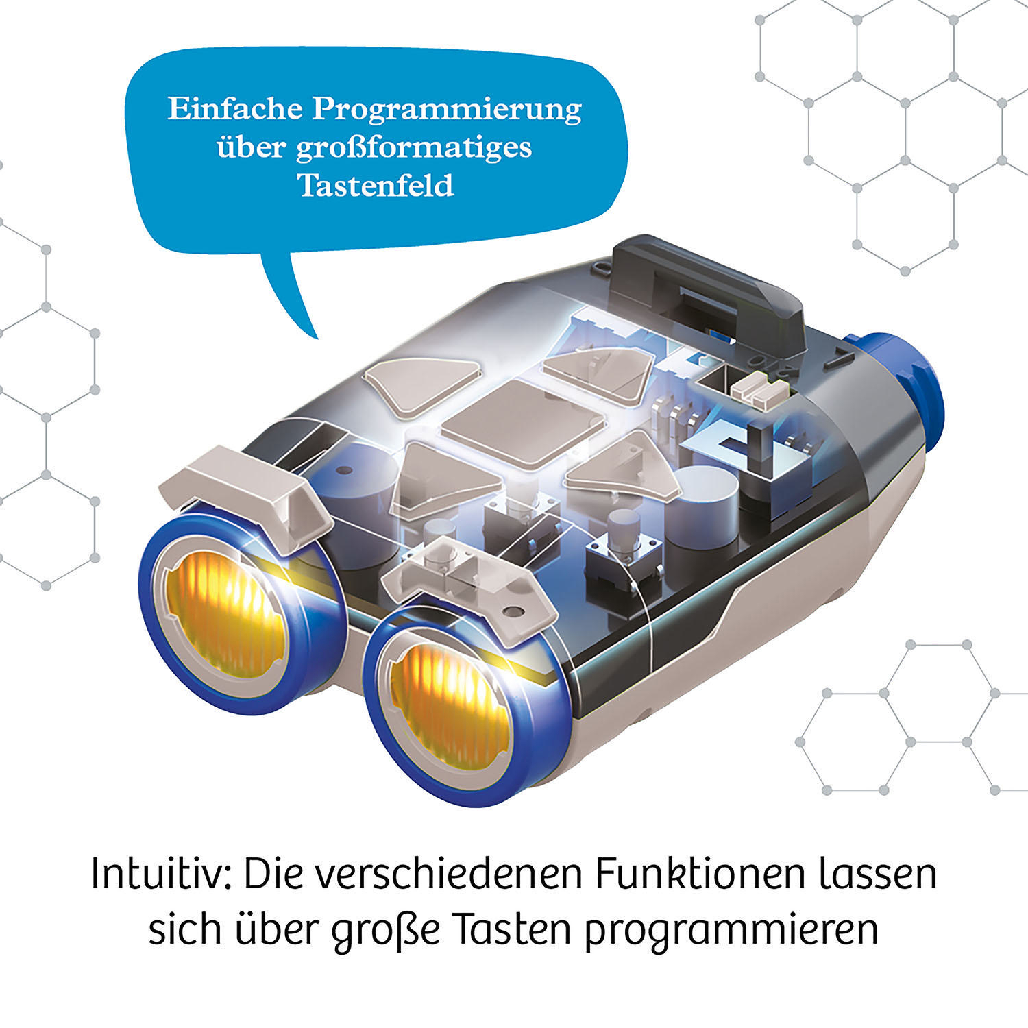 Ein transparentes Gerät mit einer Sprechblase, die sagt: Einfache Programmierung über ein großes Tastenfeld.