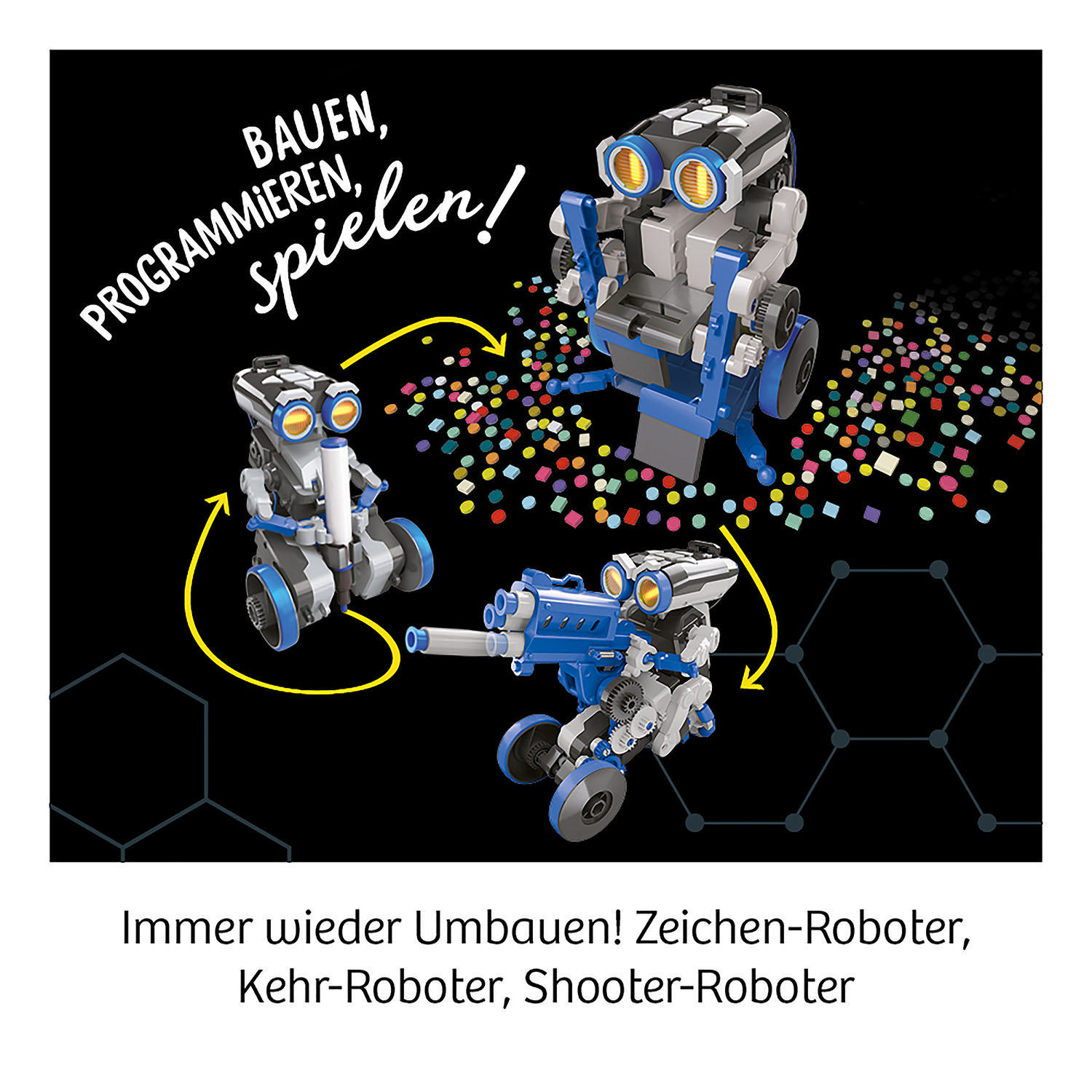 Roboterspielzeuge in verschiedenen Formen, mit dem Text "Bauen, Programmieren, Spielen!"