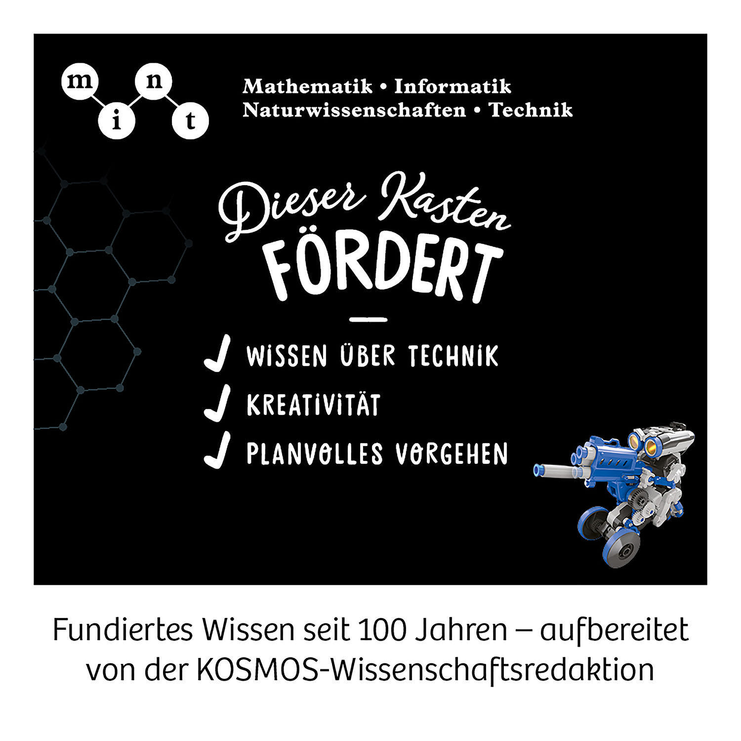 Schwarzer Hintergrund, Text über Wissen, Kreativität und Robotik. Spielzeugroboter rechts.