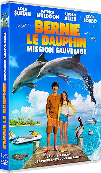 Affiche du film 'Bernie le Dauphin'. Montre un garçon et une fille avec deux dauphins en arrière-plan.