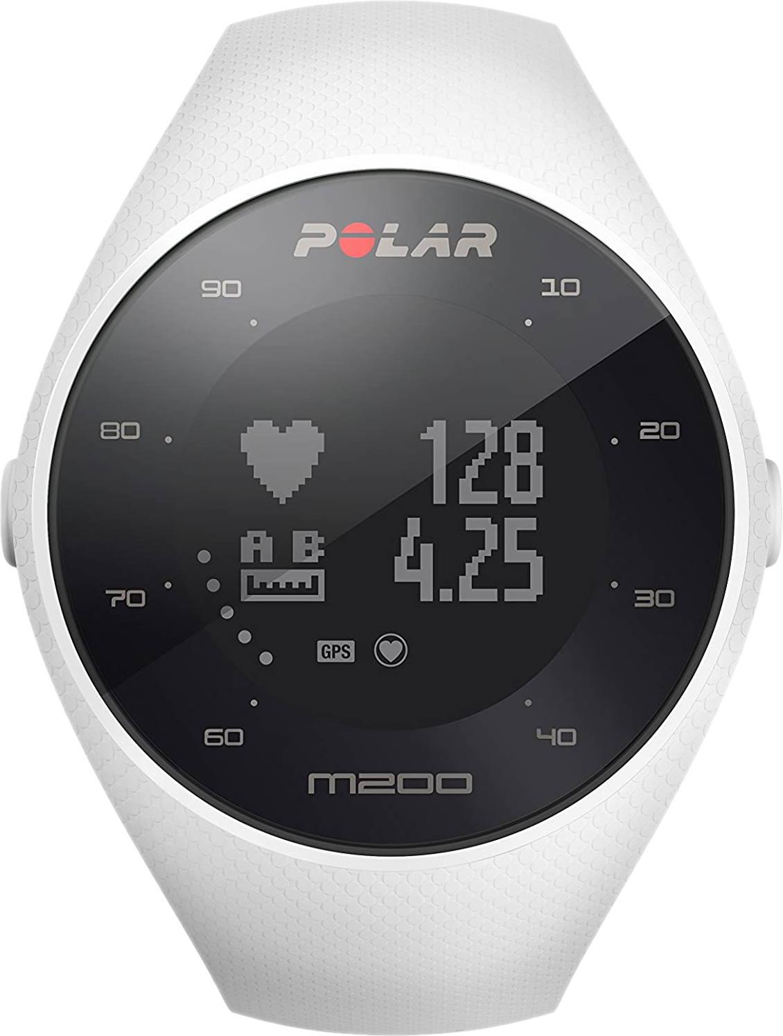 Fehér Polar okosóra digitális kijelzővel, pulzusszámmal, idővel és GPS-szel.