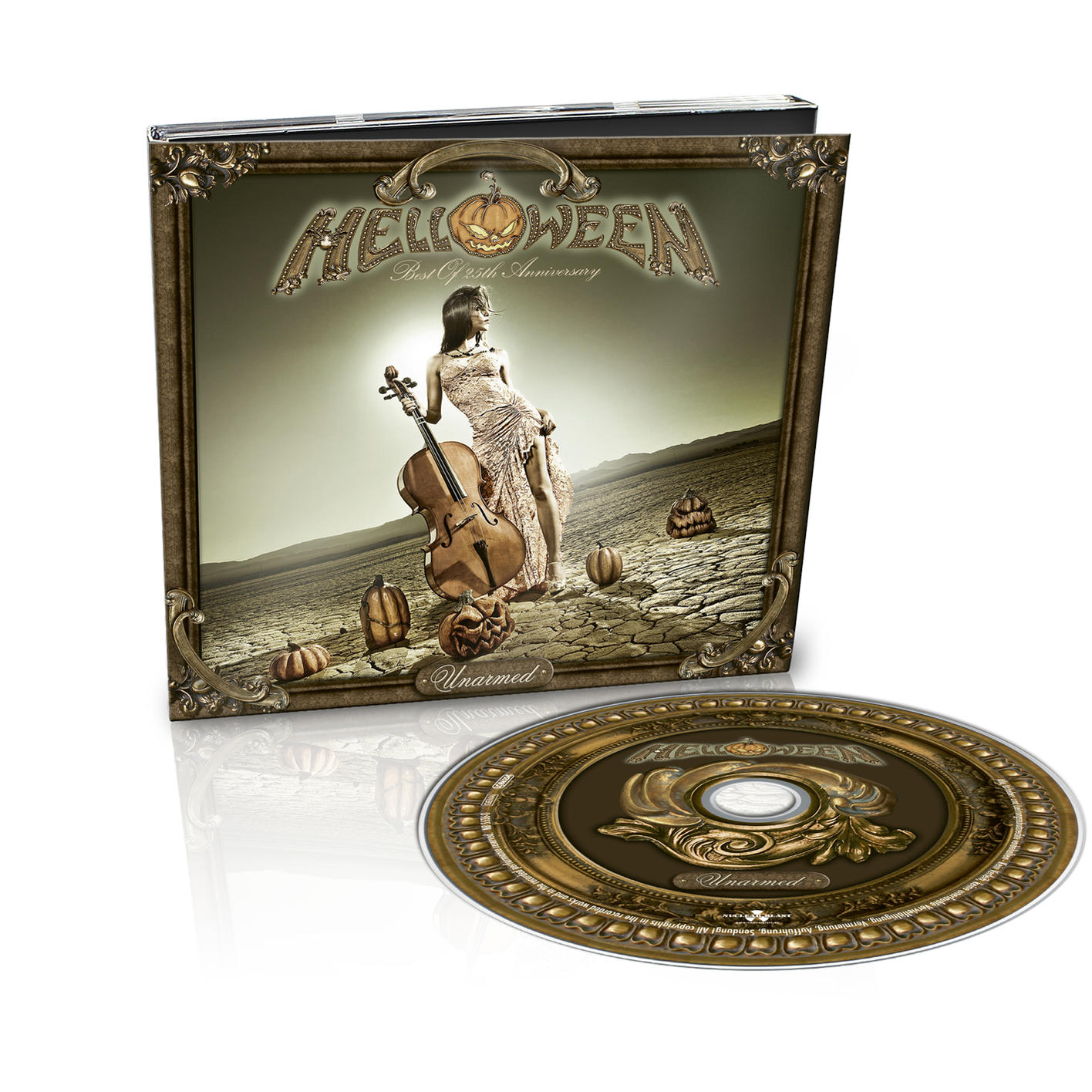 CD-Hülle mit Frau, Kürbissen und Cello in einer Wüstenlandschaft.
