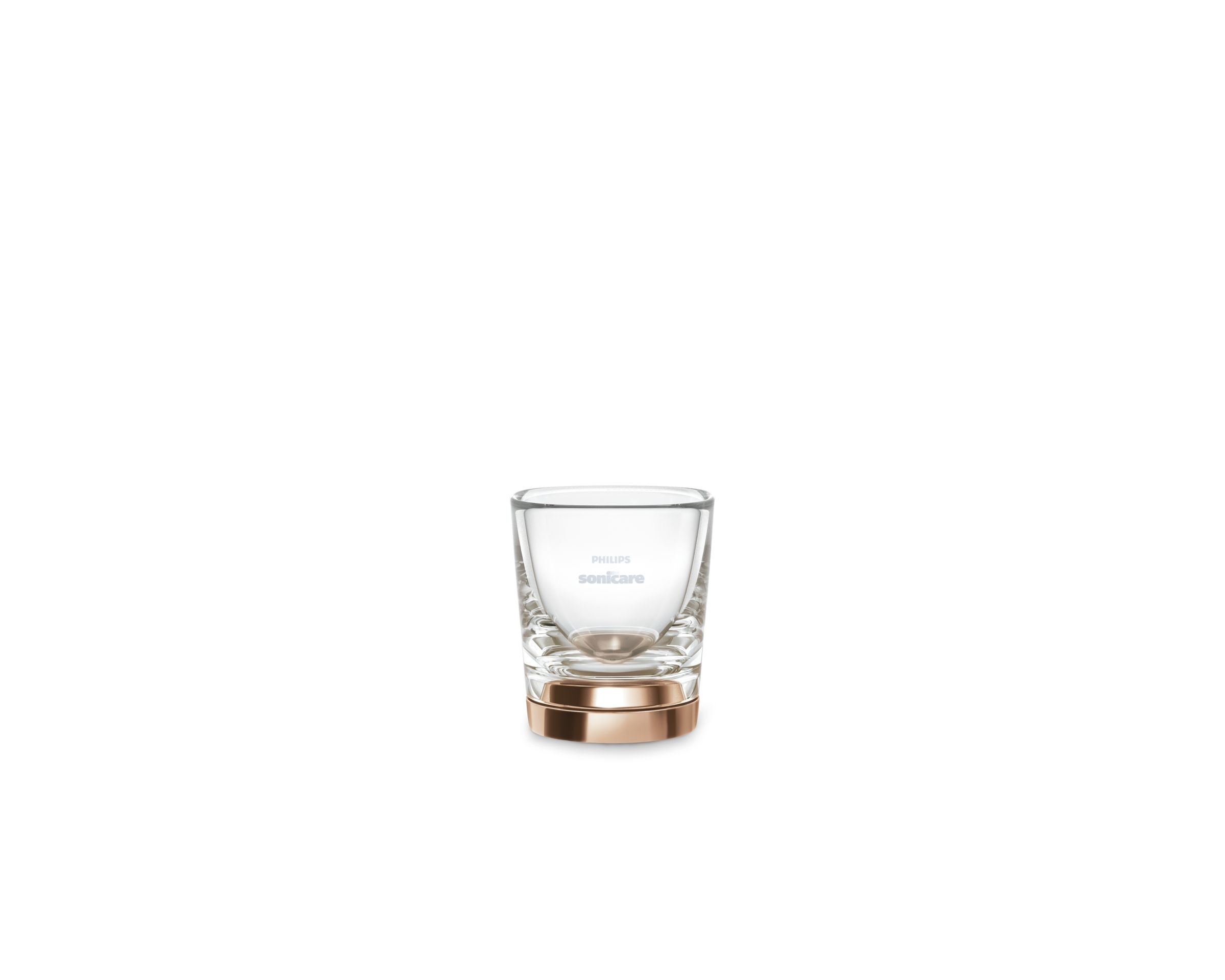 Ein klares Glas mit roségoldenem Sockel auf weißem Hintergrund.