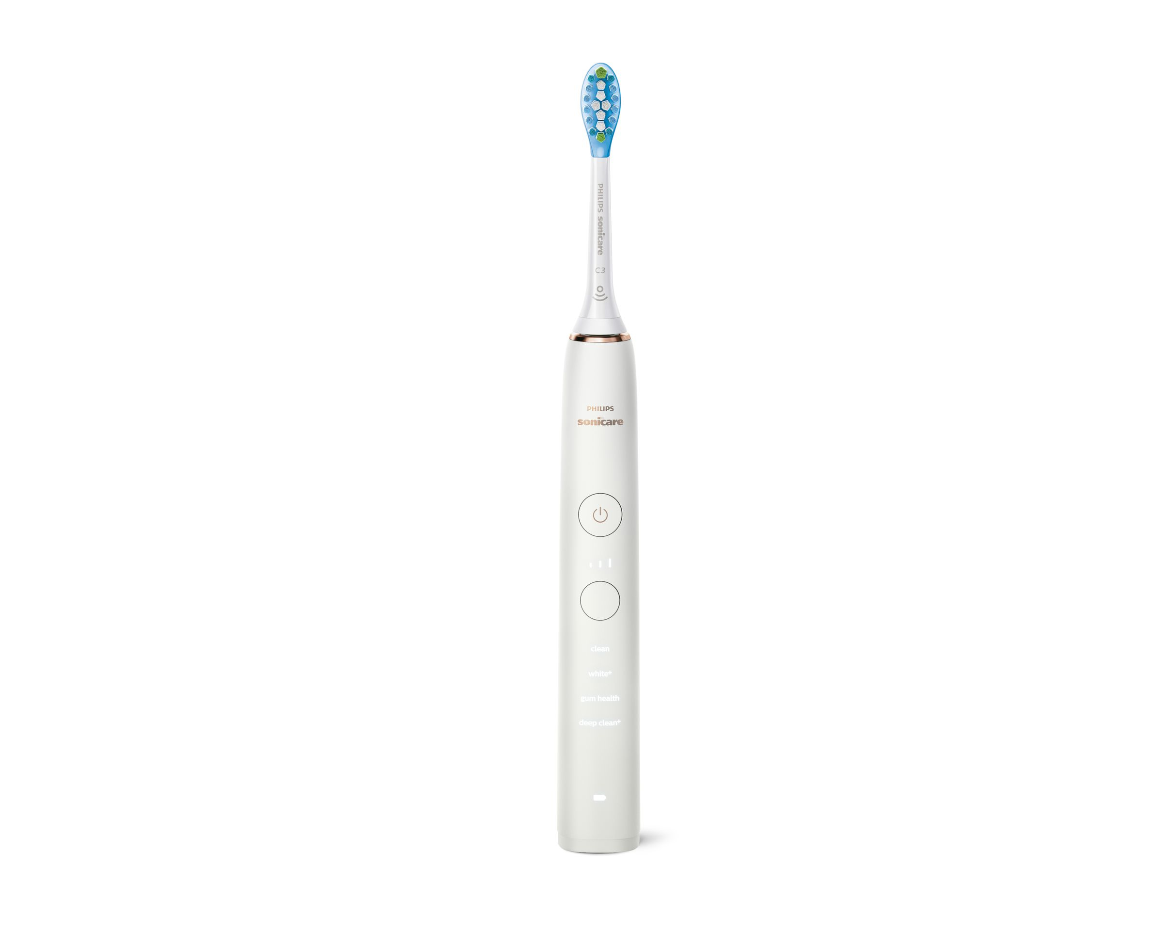 Weiße Philips Sonicare elektrische Zahnbürste mit grün-blauem Bürstenkopf.