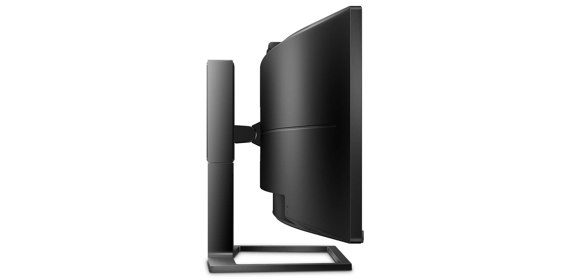 Vista laterale di un monitor per computer curvo nero con supporto su sfondo bianco.