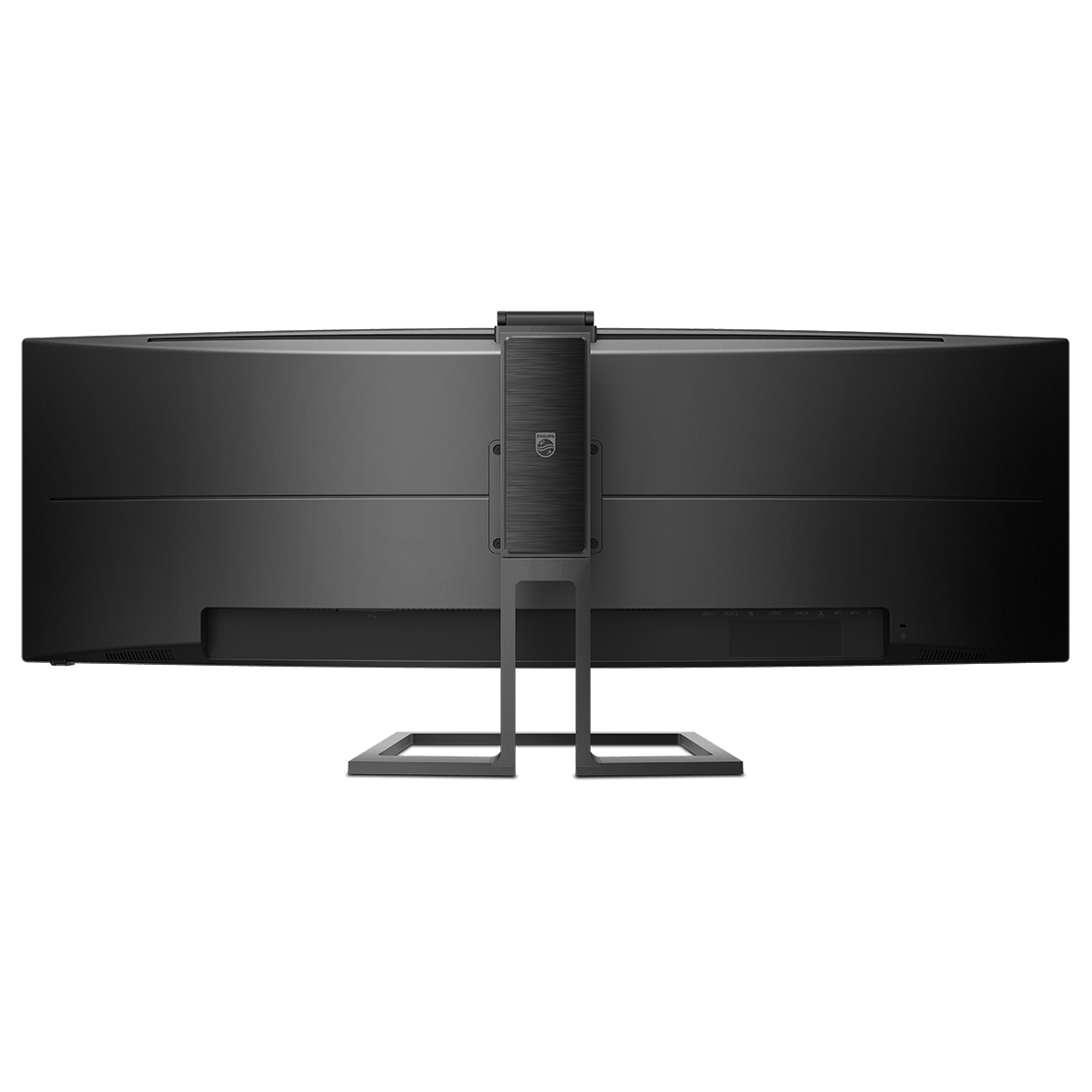 Vista posteriore di un ampio monitor curvo Philips nero con supporto rettangolare su sfondo bianco.