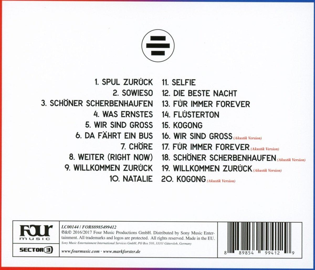 CD-Cover mit Titelliste, Künstlernamen und Logo. Text auf weißem Hintergrund mit farbigen Akzenten.