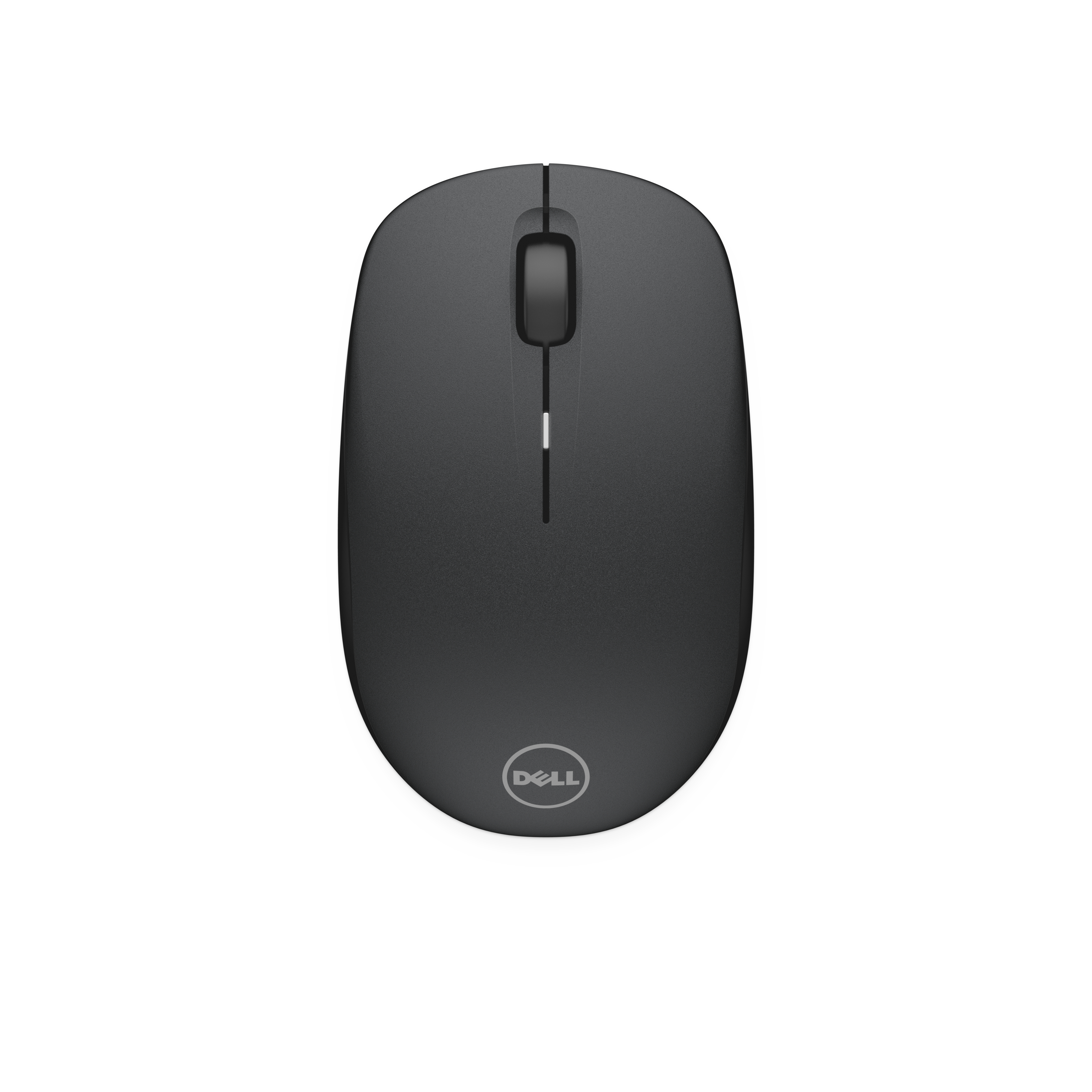 Eine schwarze Dell-Maus auf weißem Hintergrund. Sie hat ein Scrollrad, zwei Tasten und das Dell-Logo.