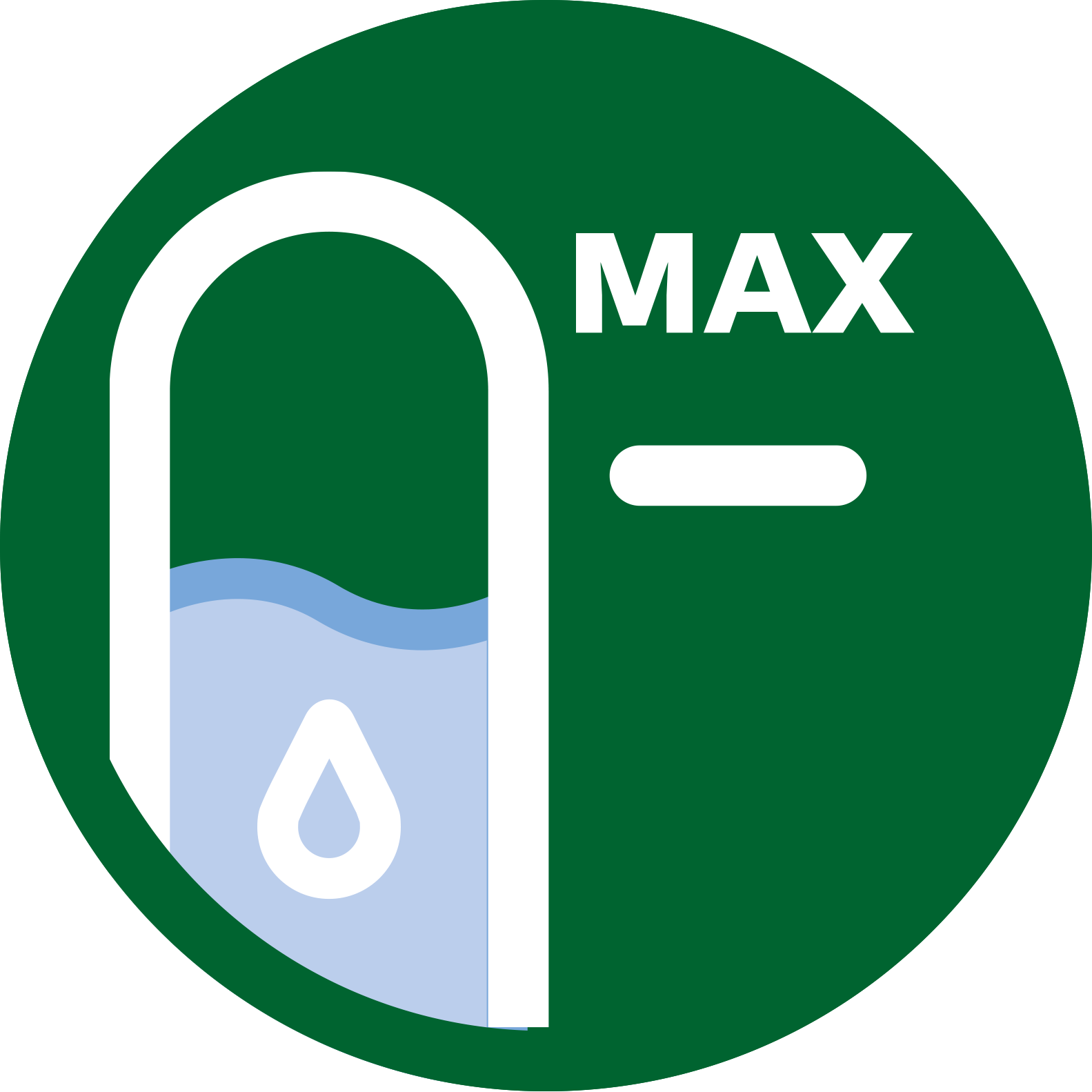 Grüner Kreis mit weißem MAX-Symbol und Wasserstand.