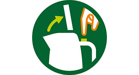 Grünes Kreissymbol mit weißer Teekanne und Pfeil, der das Öffnen mit einer Hand anzeigt.
