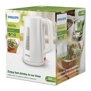 Weißer Philips Wasserkocher Karton. Wasserkocher Bild auf der Box. Text in mehreren Sprachen.