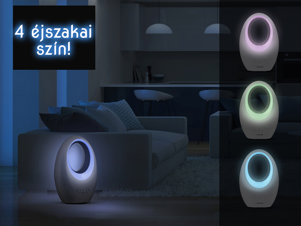 Egy okos otthoni eszköz színváltó lámpákkal, nappaliban.