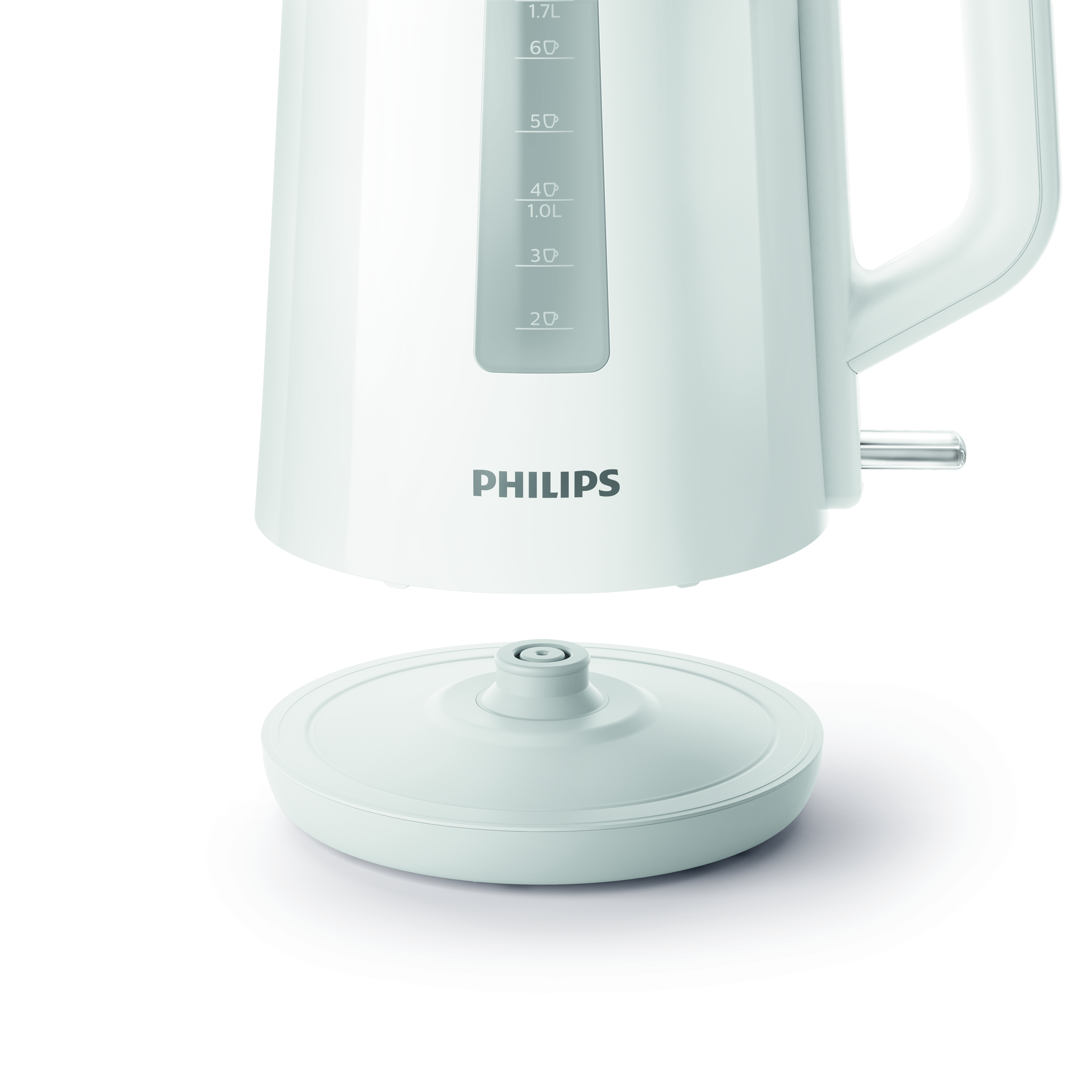 Weißer Philips Wasserkocher. Vom Sockel getrennt. Wasserstandsanzeige sichtbar.