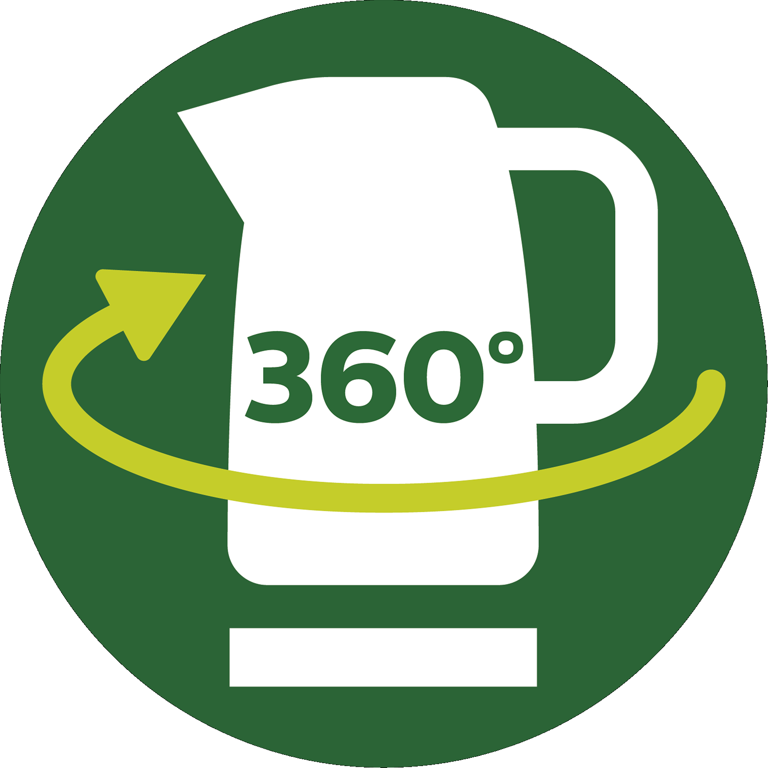 Ein grüner Kreis mit einem weißen Kesselsymbol und einem gelben Pfeil, der ihn umkreist, mit dem Text '360°'.