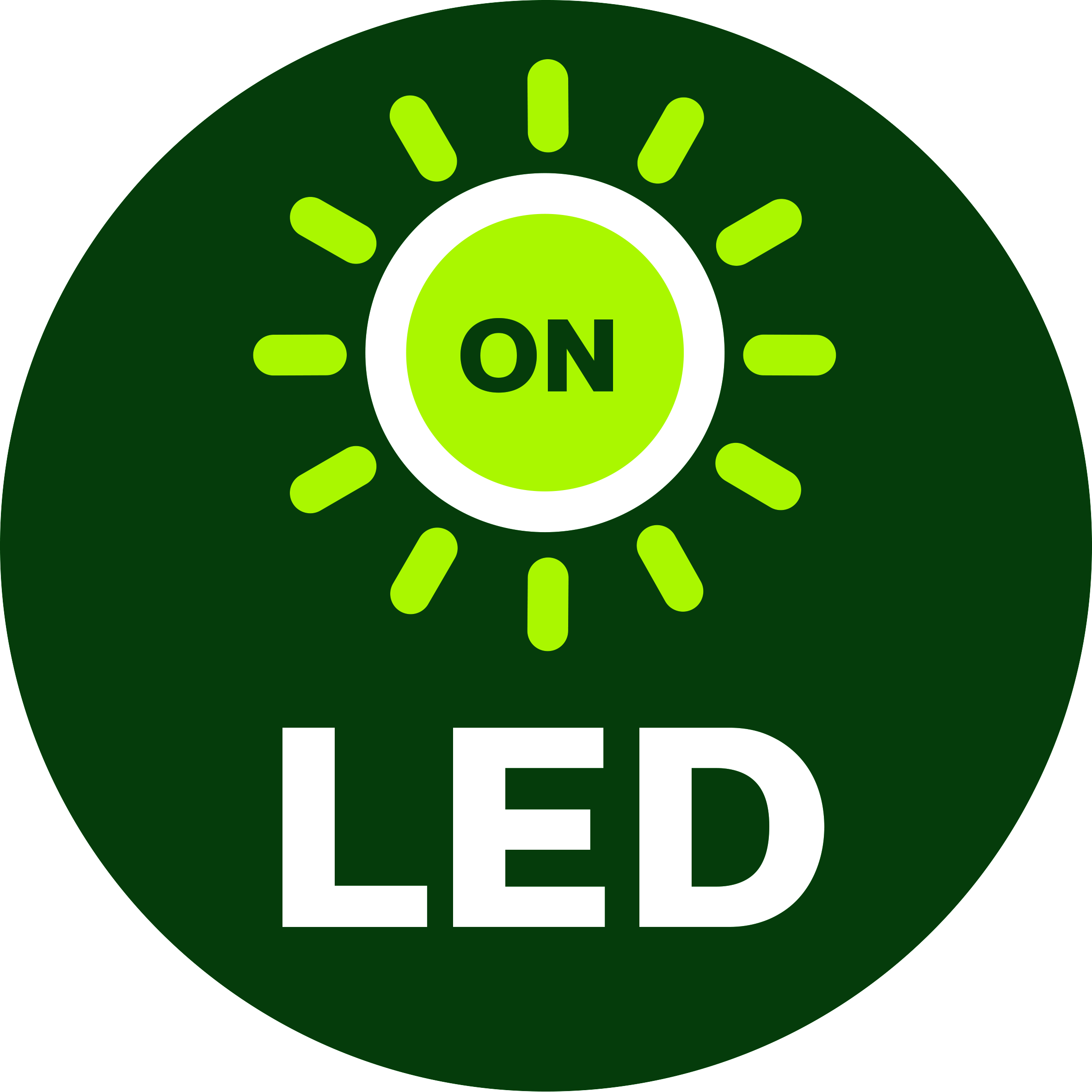 Grüner Kreis mit Sonne und 'ON'-Text sowie 'LED'-Text darunter.