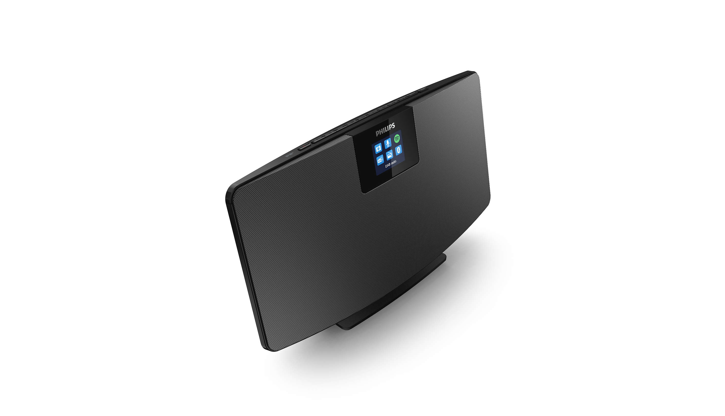 Schwarze Philips Soundbar mit kleinem Bildschirm. Abgewinkelte Ansicht auf weißem Hintergrund.