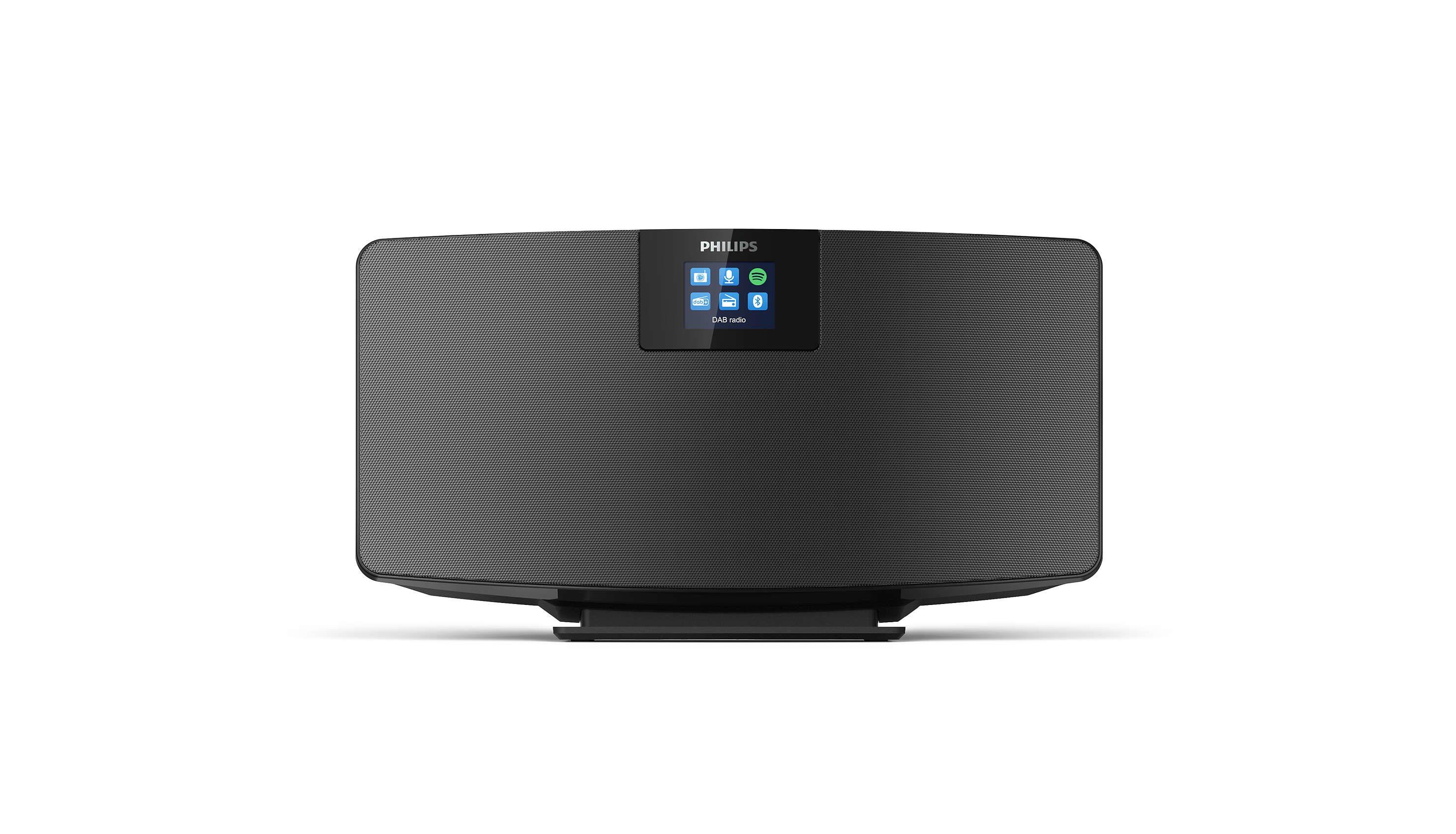 Schwarze Philips Soundbar, mit Bildschirm mit Symbolen, ruhend auf einem Sockel.