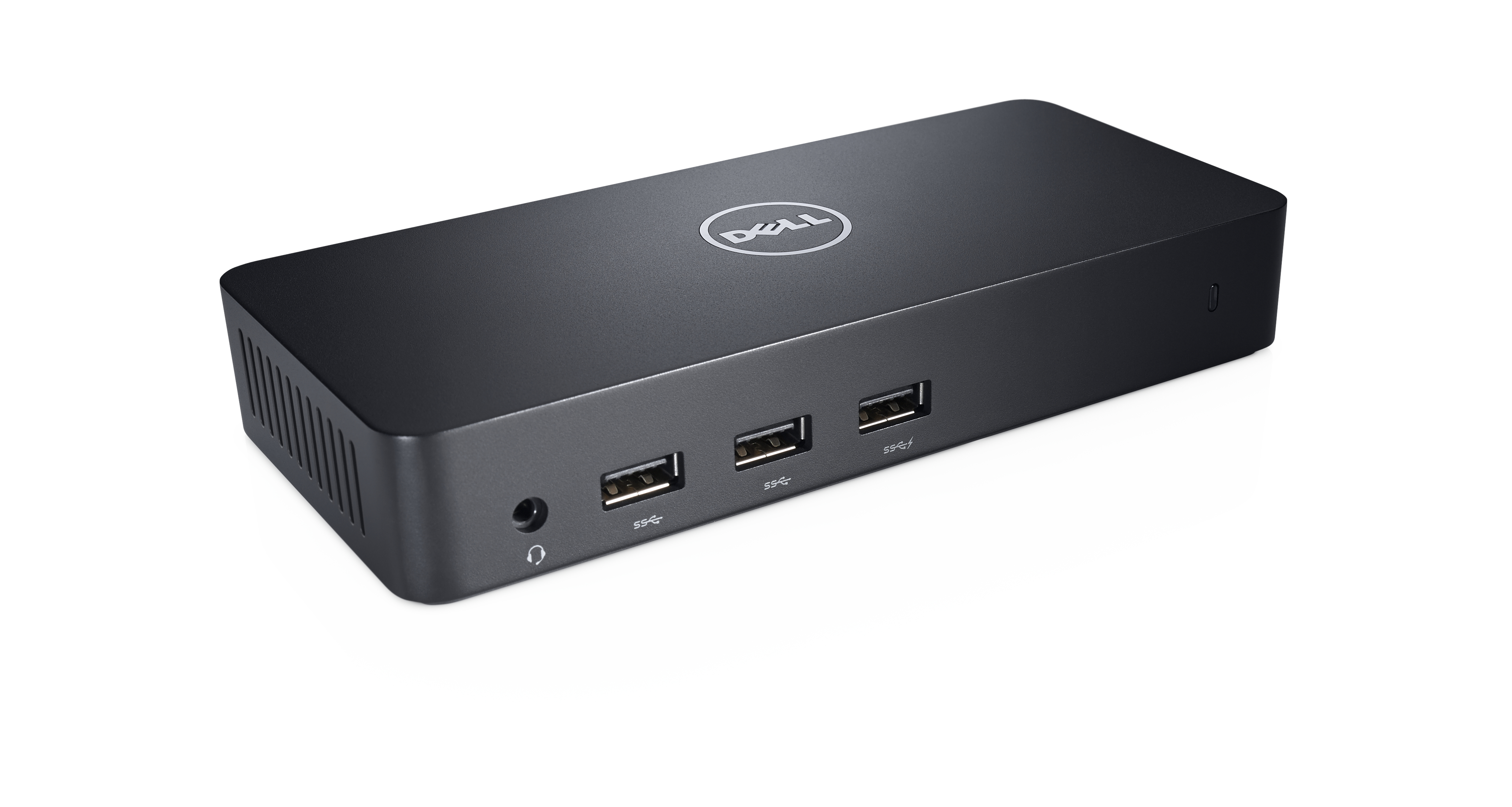 Schwarze Dell-Dockingstation mit USB-Anschlüssen und Dell-Logo auf weißem Hintergrund.