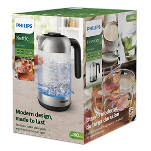 Ein Philips Wasserkocher mit Wasser und blauem Licht.