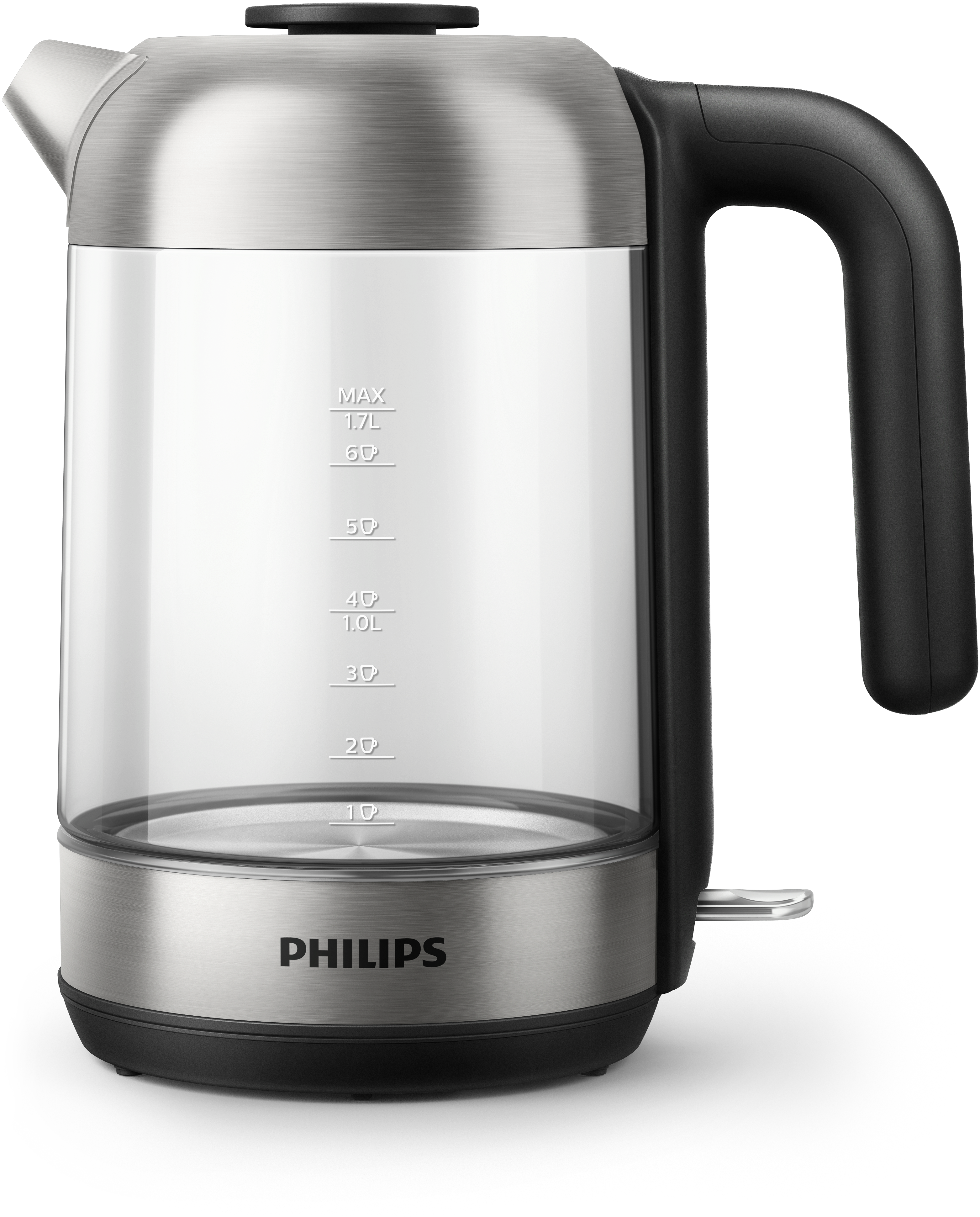 Ein Edelstahl- und schwarzer Philips Wasserkocher mit transparentem Wasserstandsanzeiger.