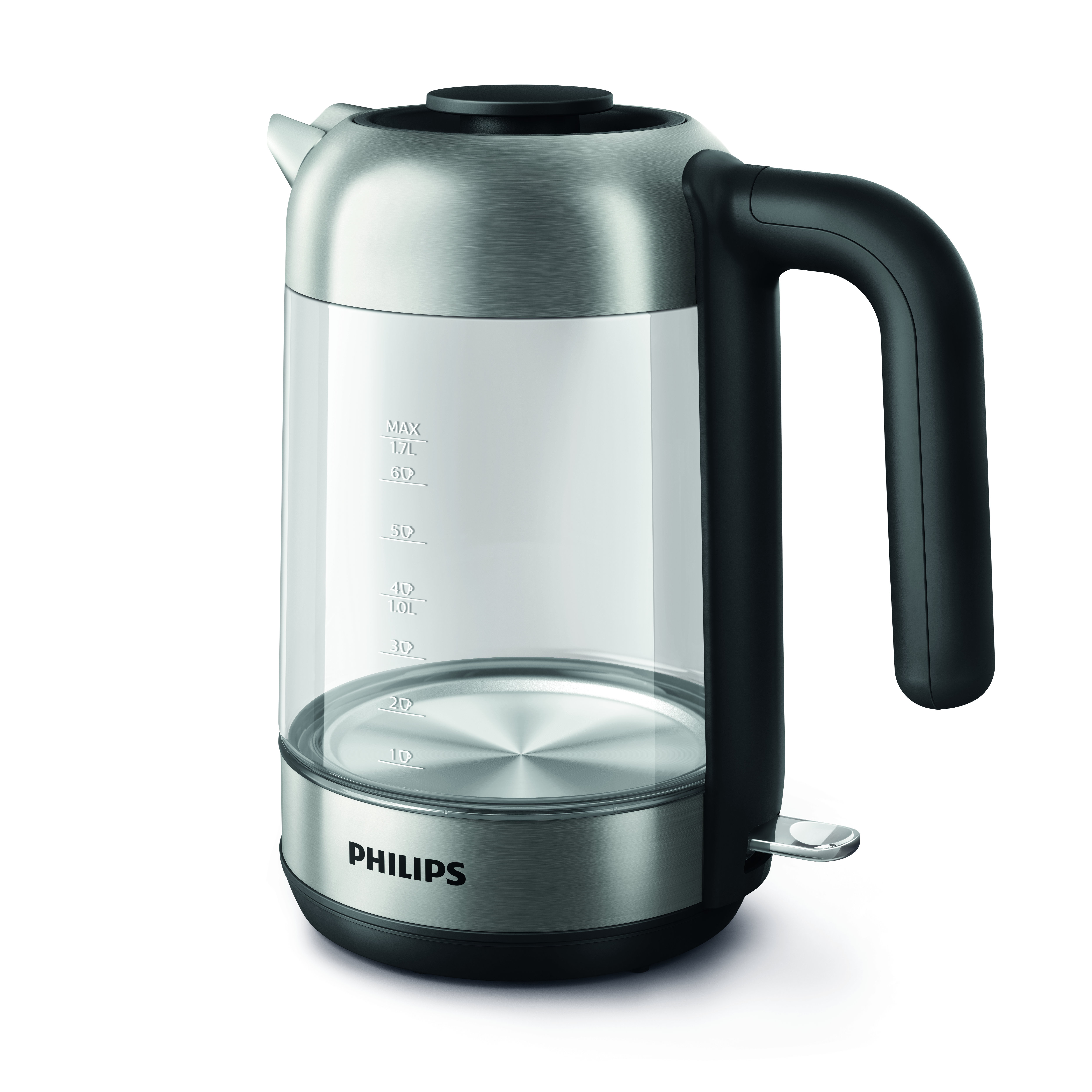 Transparenter Philips Wasserkocher mit schwarzem Griff auf weißem Hintergrund.
