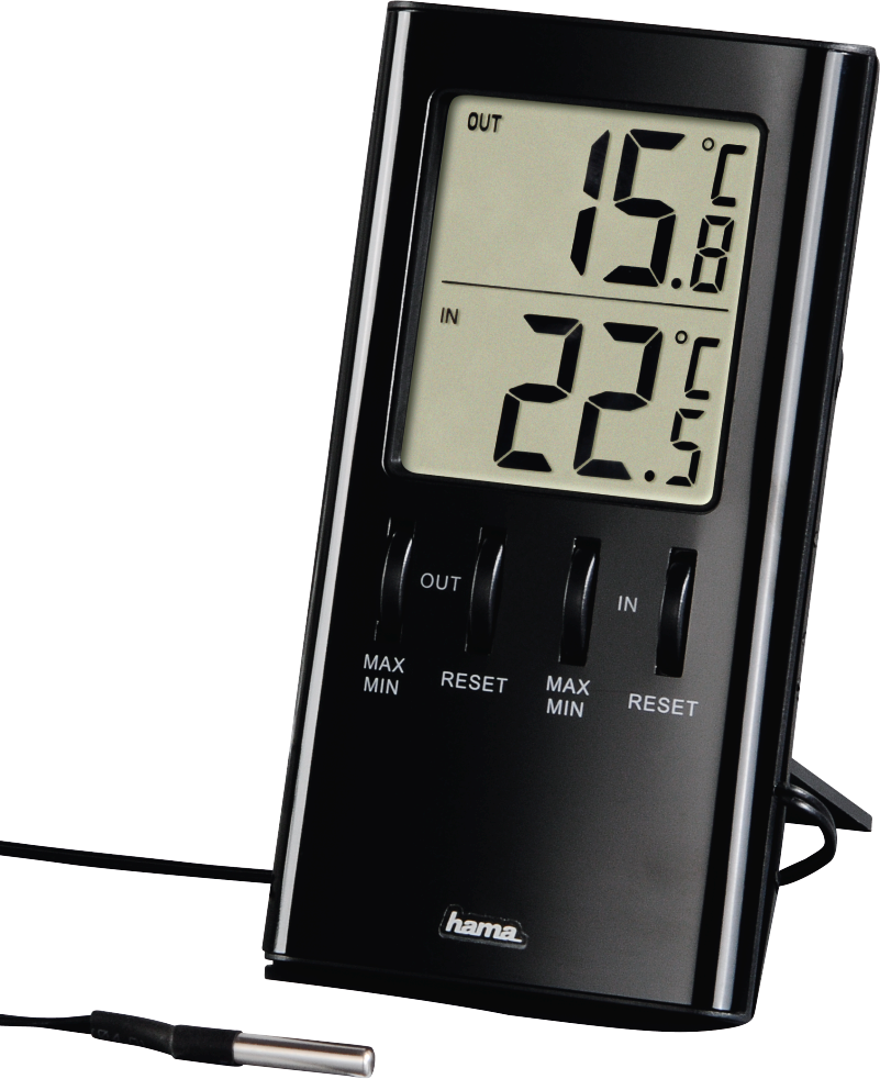 Zwarte digitale thermometer met display van 15,8 en 22,5 graden Celsius. Knoppen en sonde zichtbaar.
