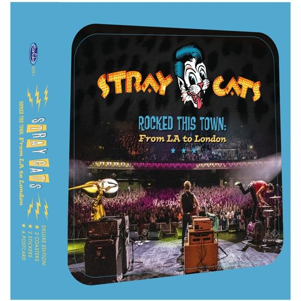 Albumcover von The Stray Cats live auf der Bühne, mit Publikum und Retro-Design.