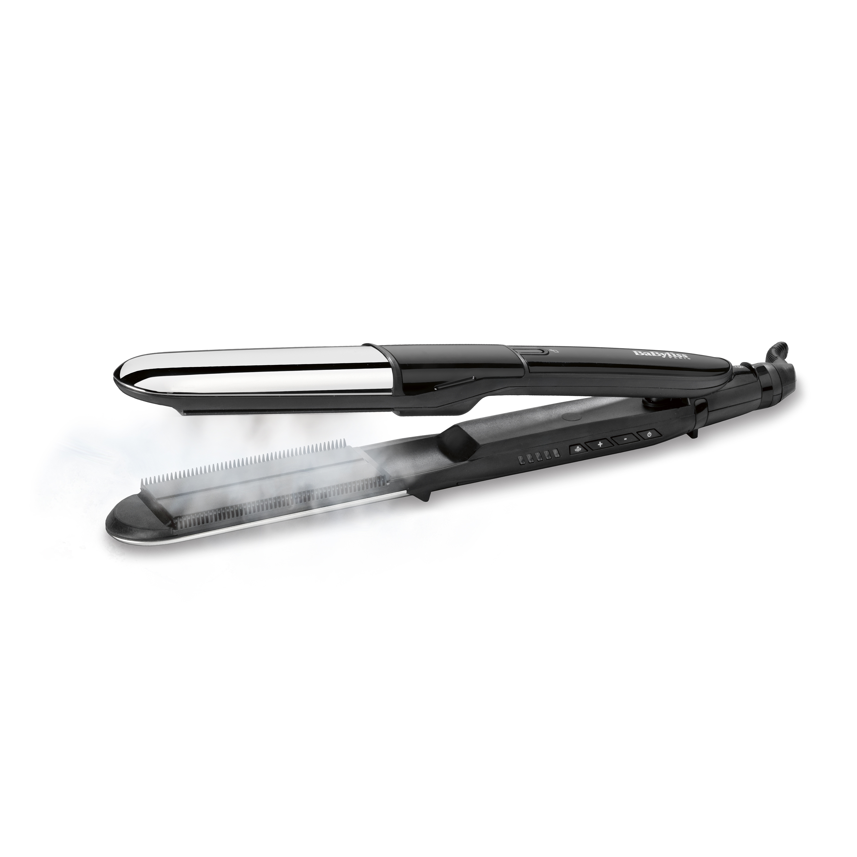 Black hair straightener with steam. The top plate is open, with steam coming out.
