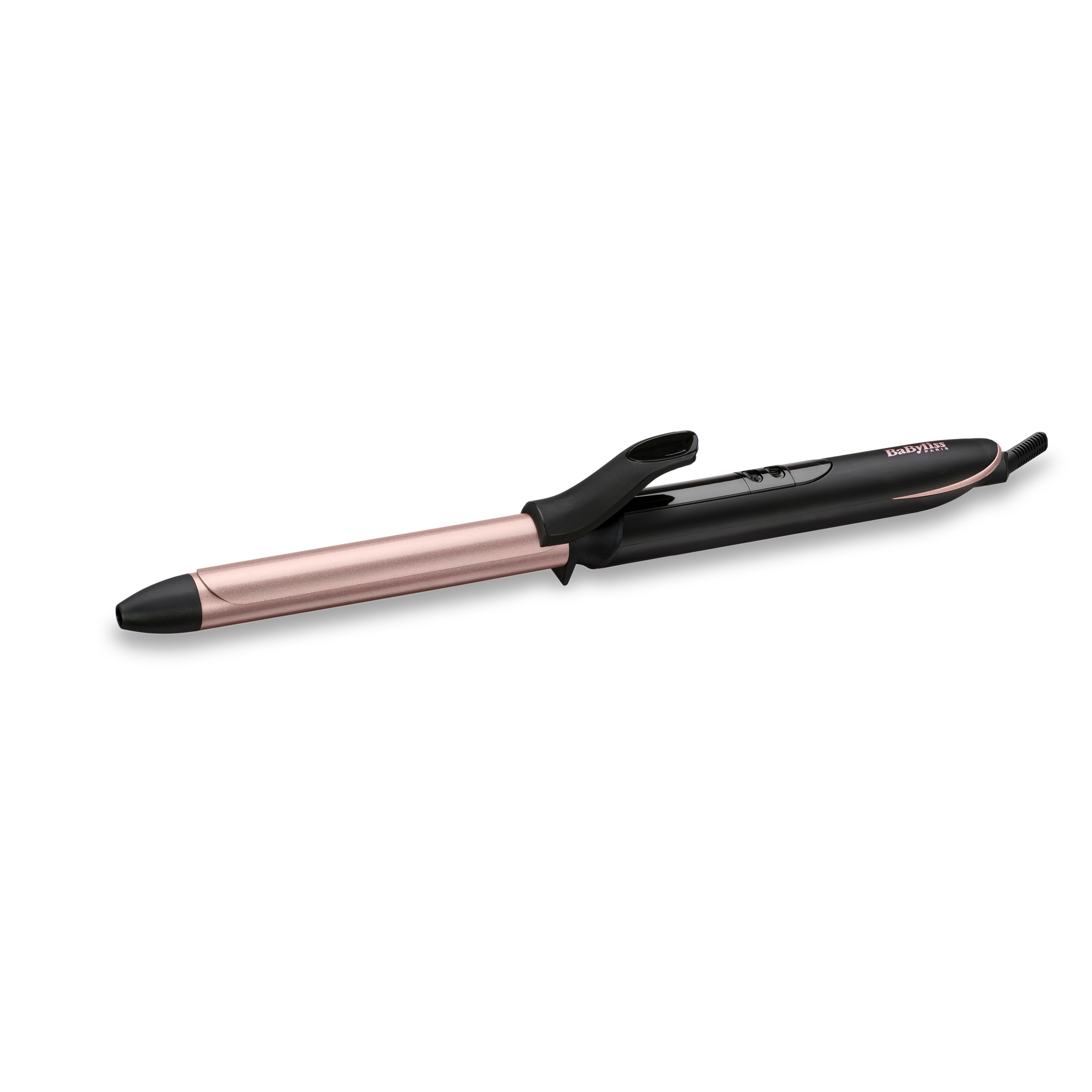 Un fer à friser avec un corps en or rose et une poignée noire.
