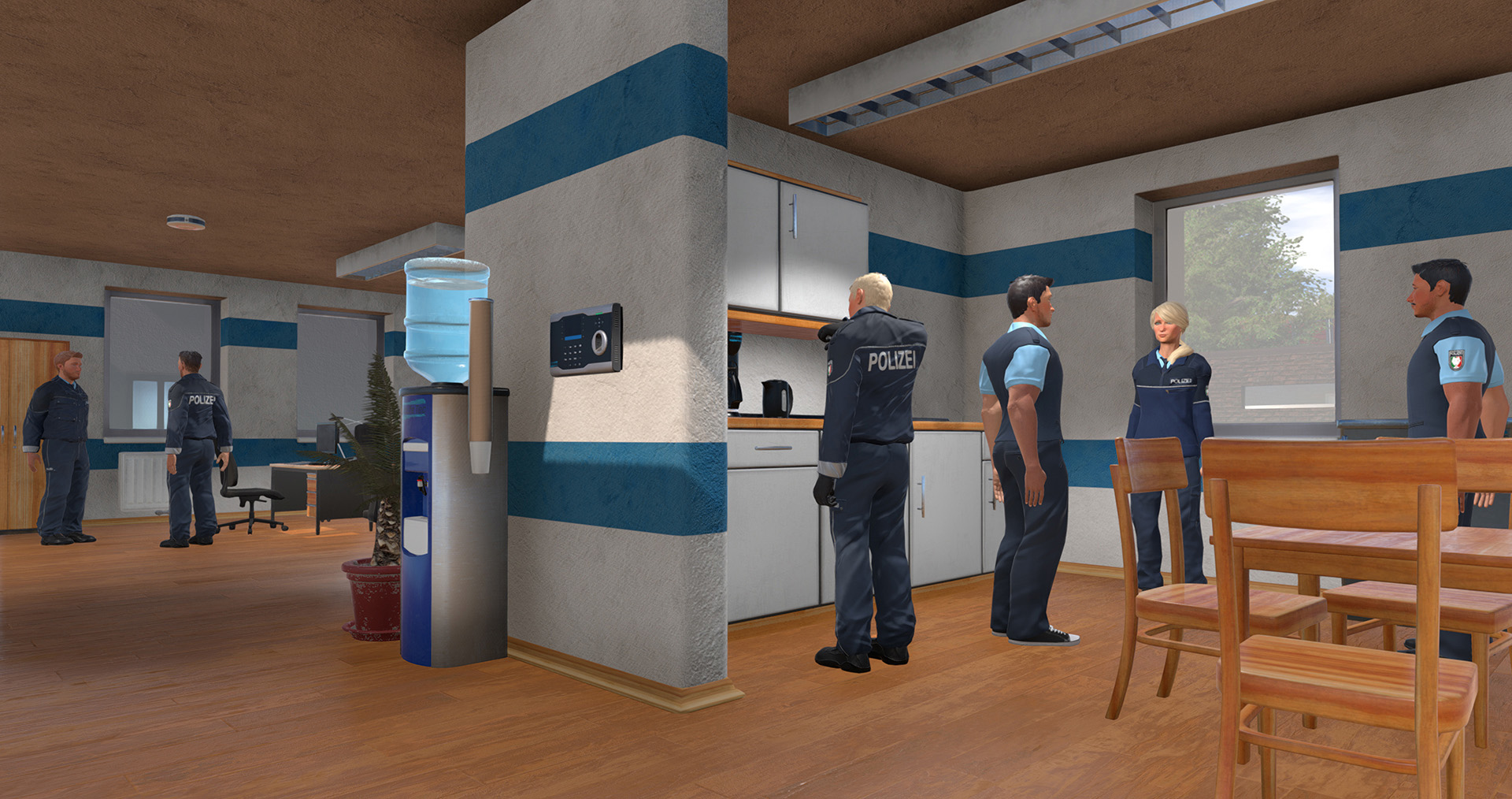Büroinnenraum, Polizisten in Uniformen. Wasserkühler, Schreibtisch und Stühle.