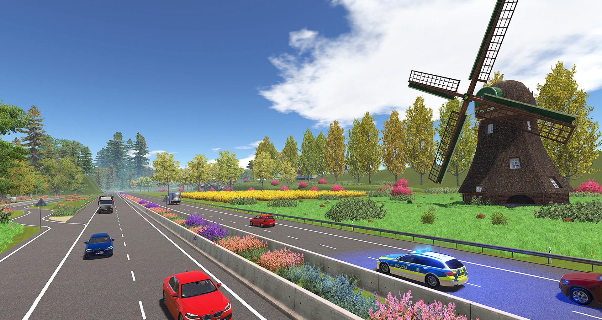 Straße mit Autos, Windmühle, Bäumen und blauem Himmel, Polizeiauto.