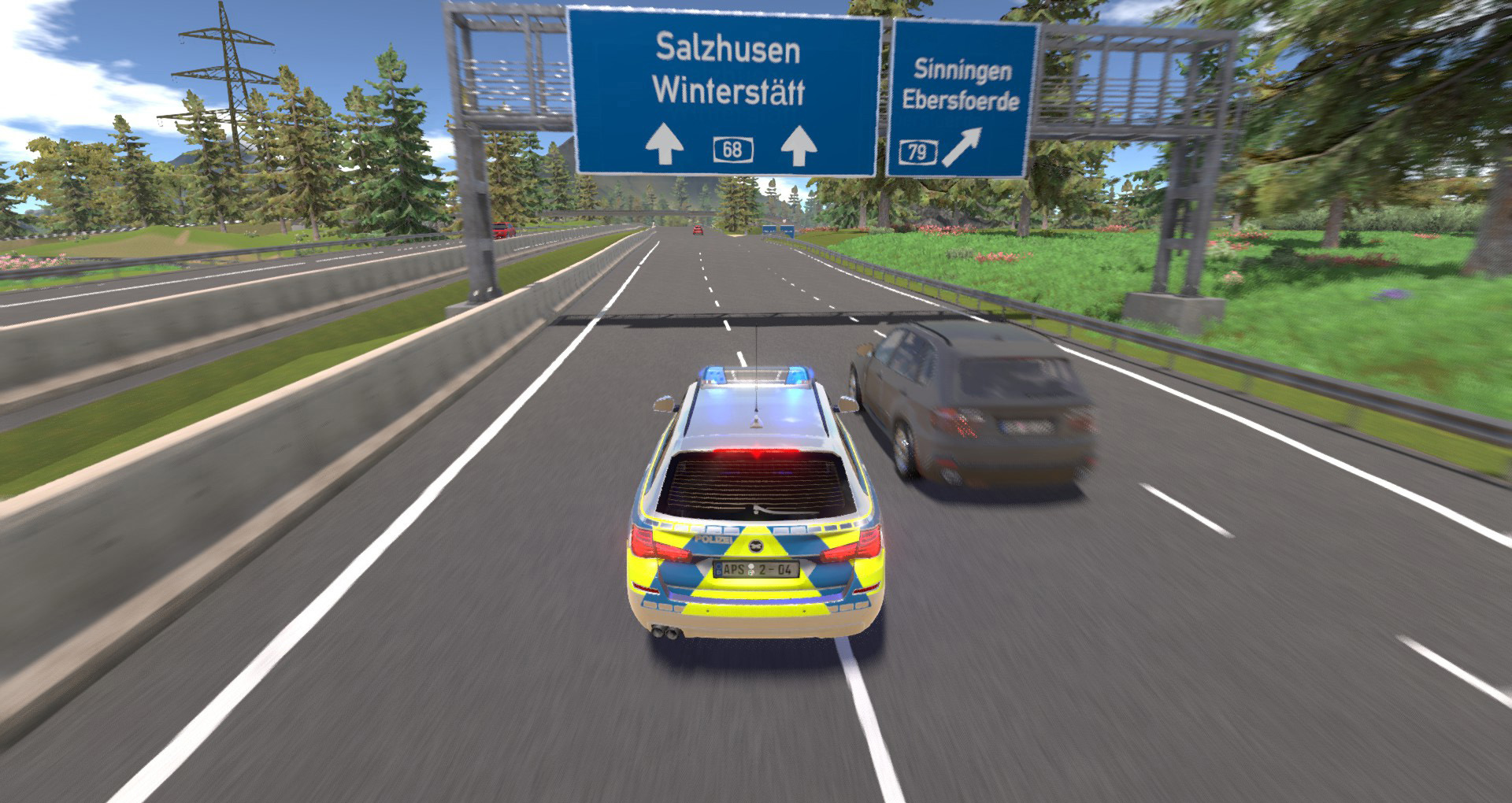 Polizeiauto auf der Autobahn, mit anderen Autos und Schildern.