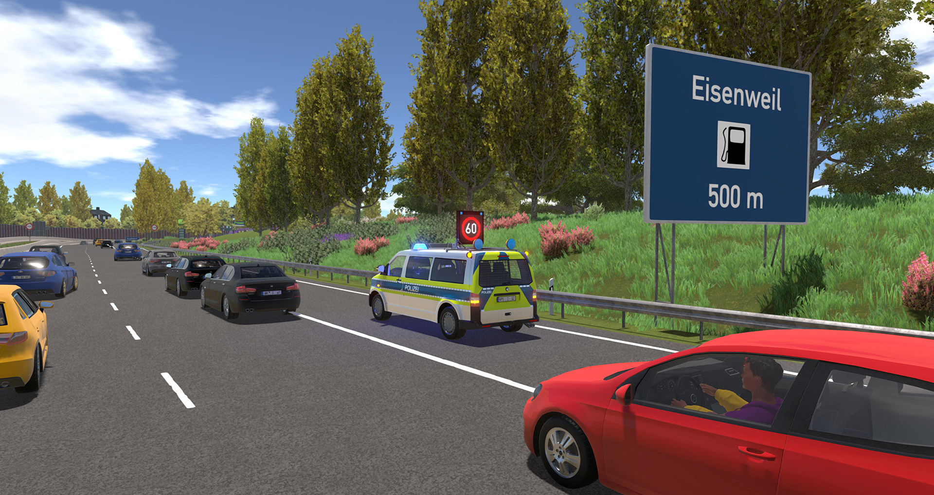 Autobahnszene mit Autos, Polizeiwagen und Schild mit 'Eisenweil' und Entfernung.