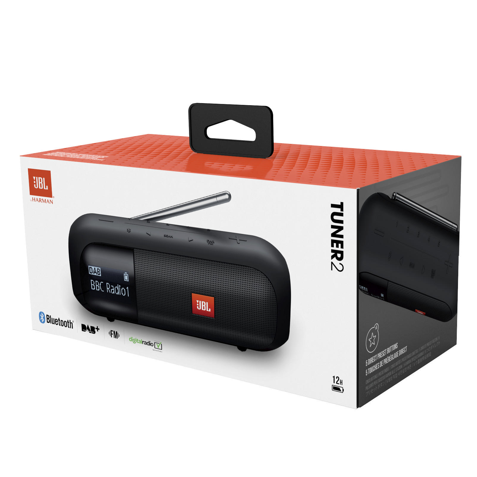 Schwarzer JBL Tuner 2 Lautsprecher mit einer Box. Zeigt den Lautsprecher und die Box mit Text.