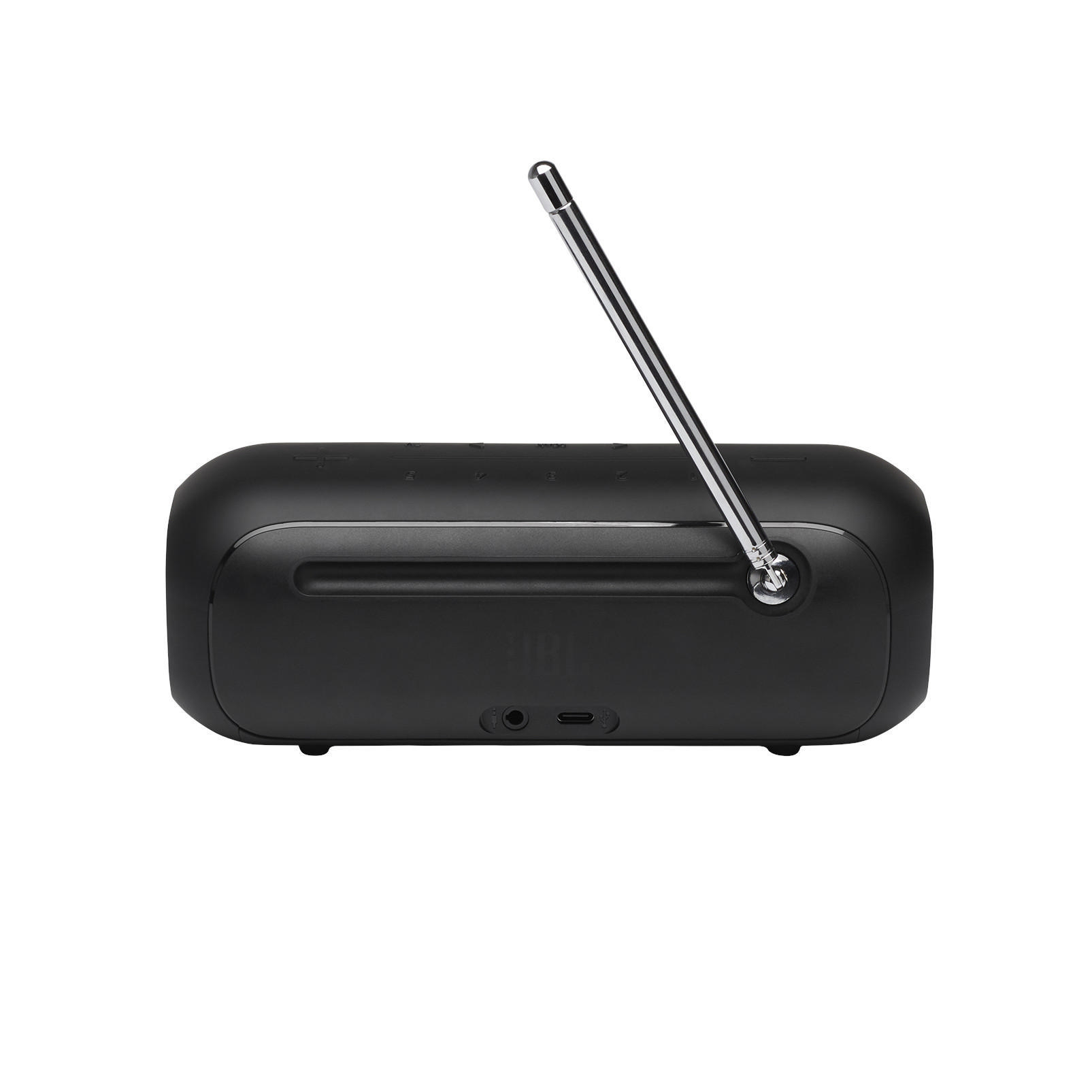 Ein schwarzes JBL-Radio mit ausgefahrener Antenne, das JBL-Logo zeigend.