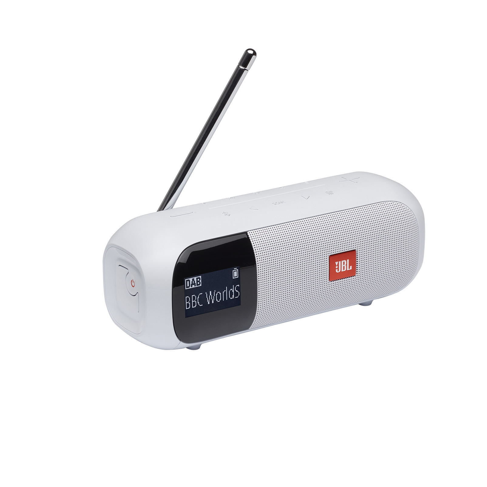Weißes JBL-Radio mit Antenne und Bildschirm.
