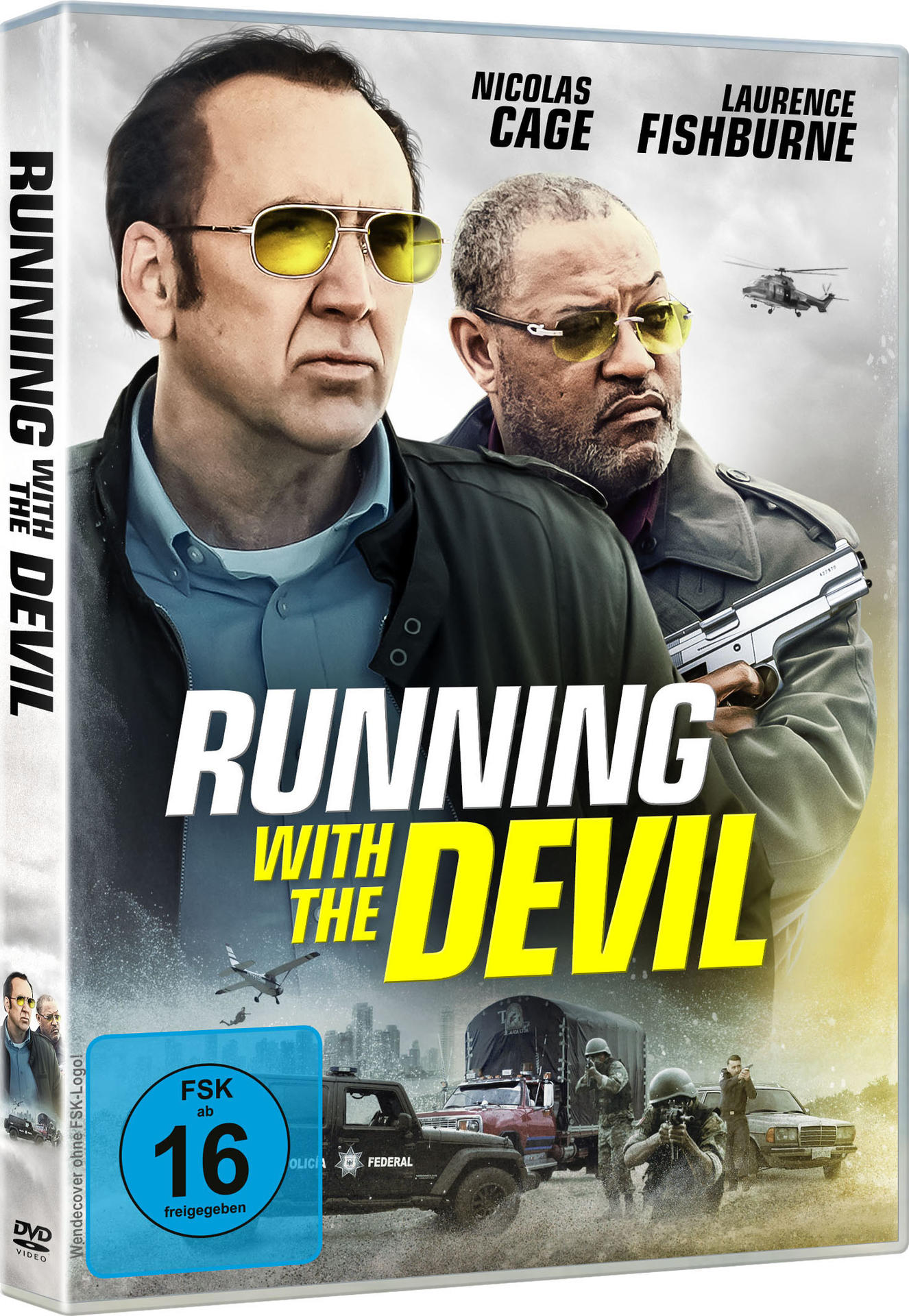 DVD-Cover des Films 'Running with the Devil' mit Nicolas Cage und Laurence Fishburne, dunkler Hintergrund.