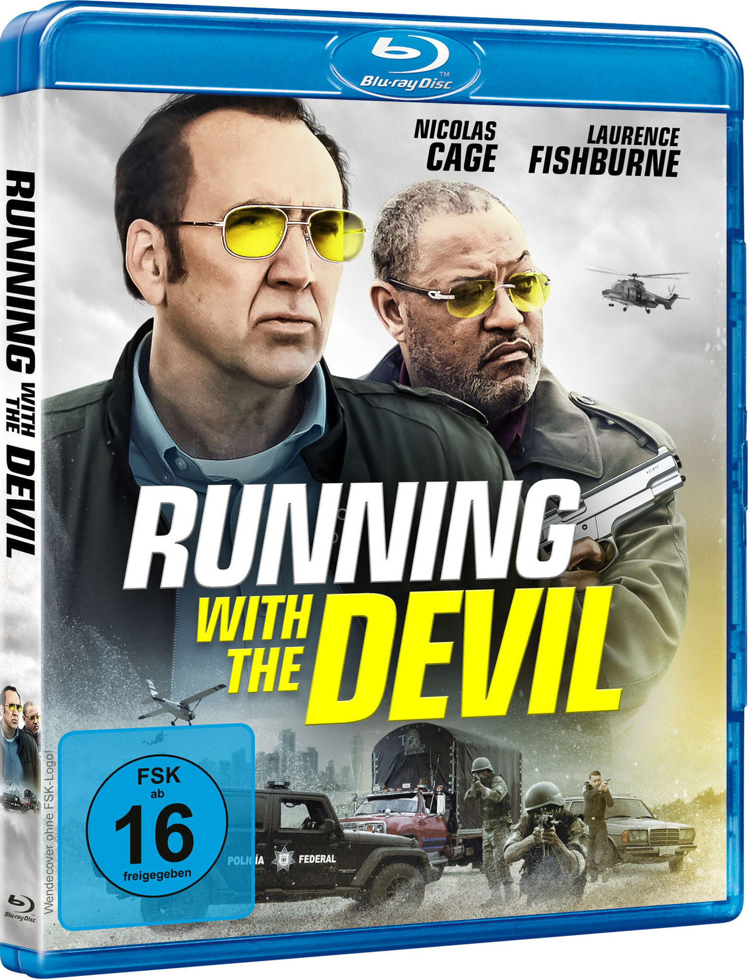 Filmcover von 'Running with the Devil' mit Nicolas Cage und Laurence Fishburne. Dunkle Farben.