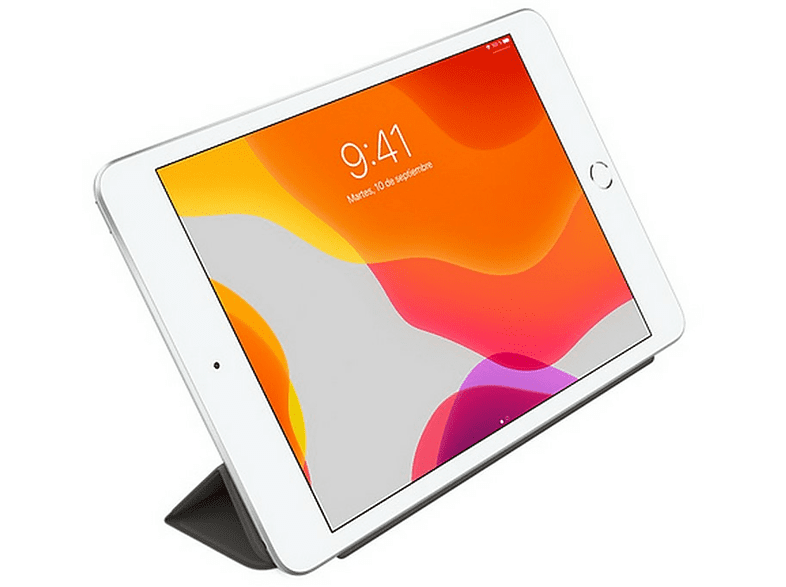 Un iPad blanco sobre un soporte. La pantalla muestra una pantalla colorida.