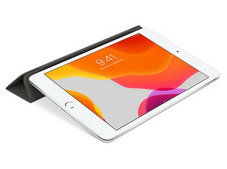 Una tableta blanca con una funda oscura. La pantalla muestra la hora 9:41, con un fondo naranja y blanco.