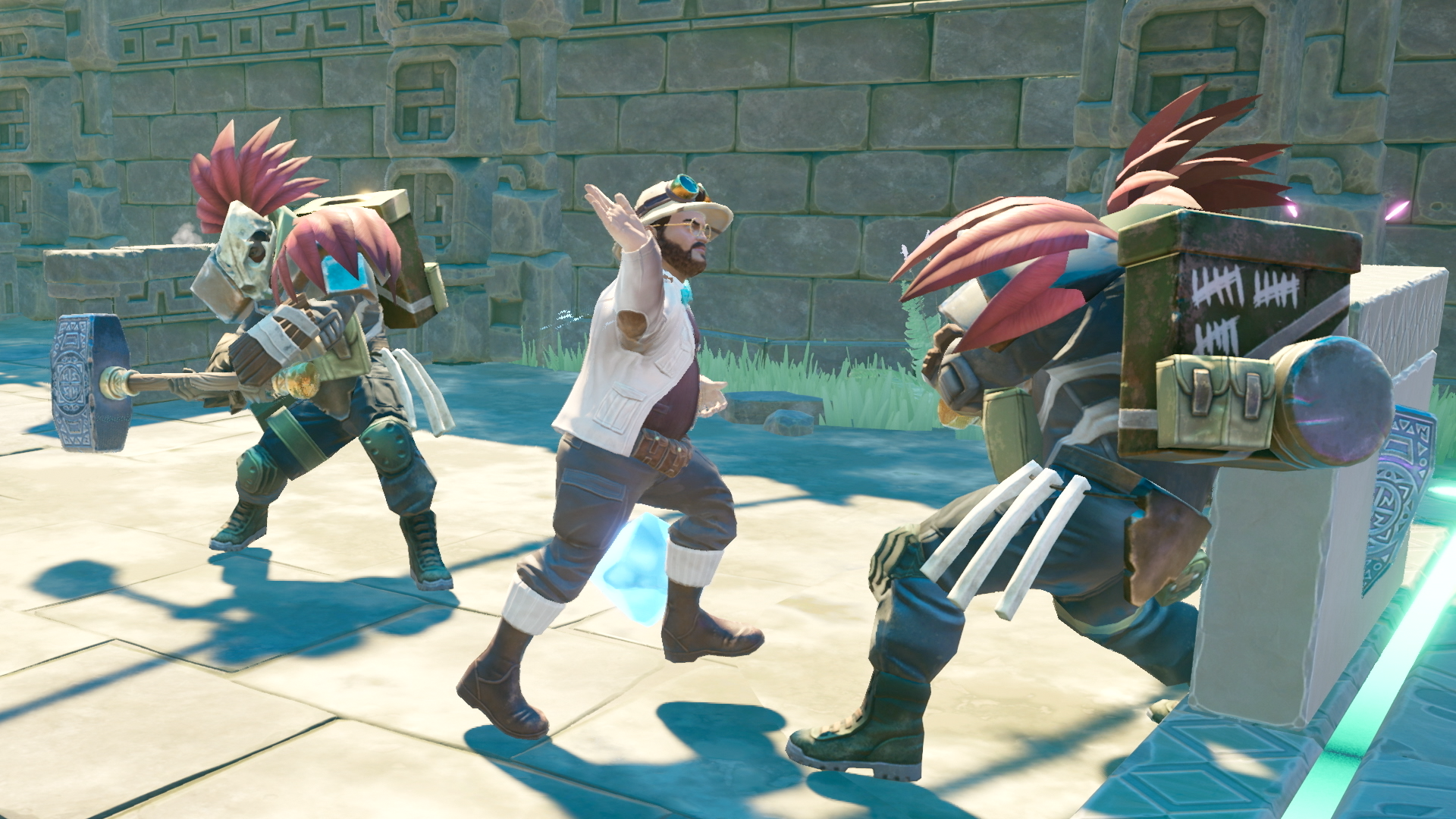 Scène de jeu vidéo avec trois personnages en combat dans un environnement coloré.