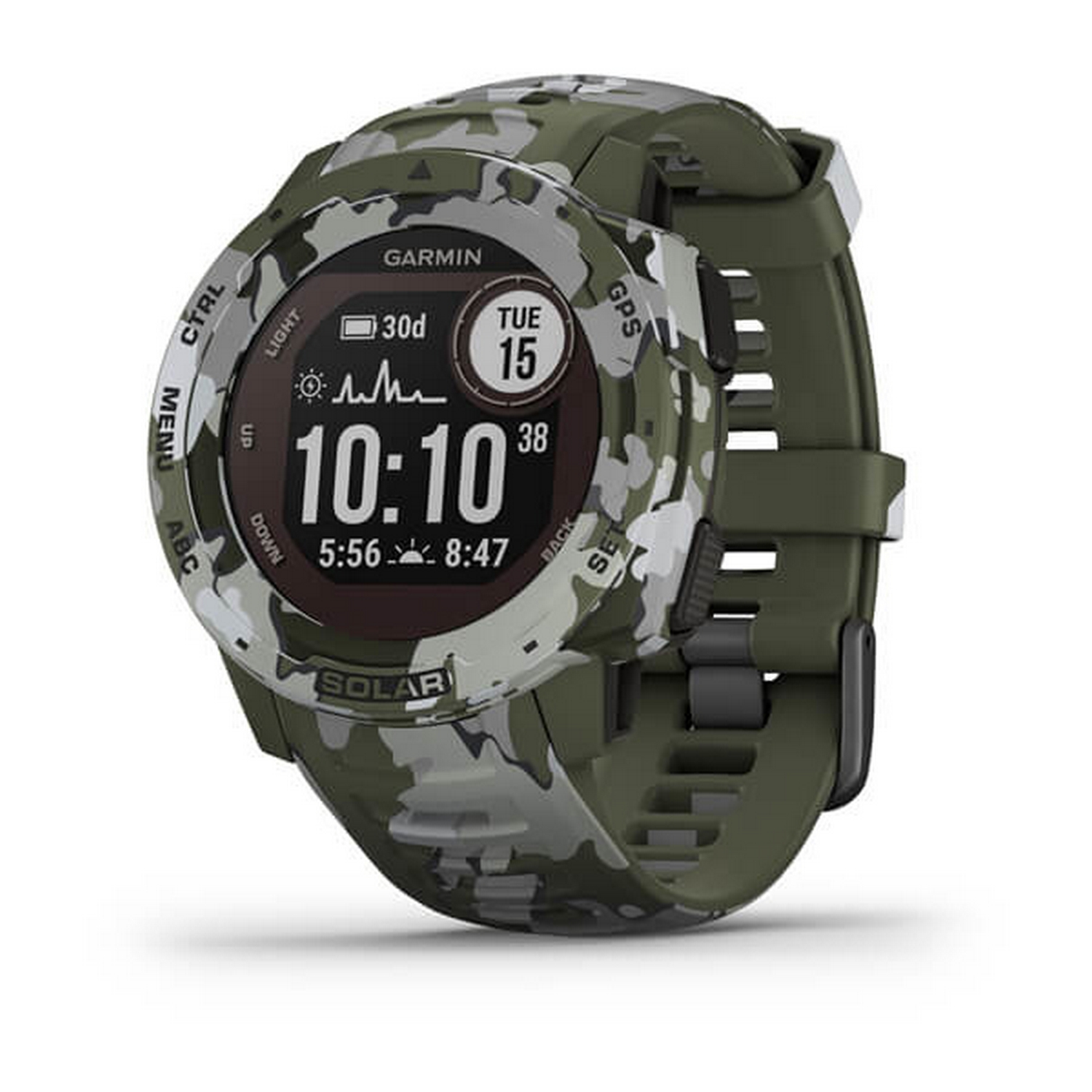 Reloj deportivo - Garmin Instinct Solar Camo, Camuflaje, 45 mm, 0.9", Carga solar, Bluetooth, ANT+