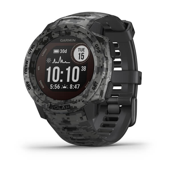 Garmin Instinct Solar camuflaje gris smartwatch gps glonass reloj resistente con carga grafito relog deportivo bluetooth hasta 54 autonomía energía edition actividad 45 0.9