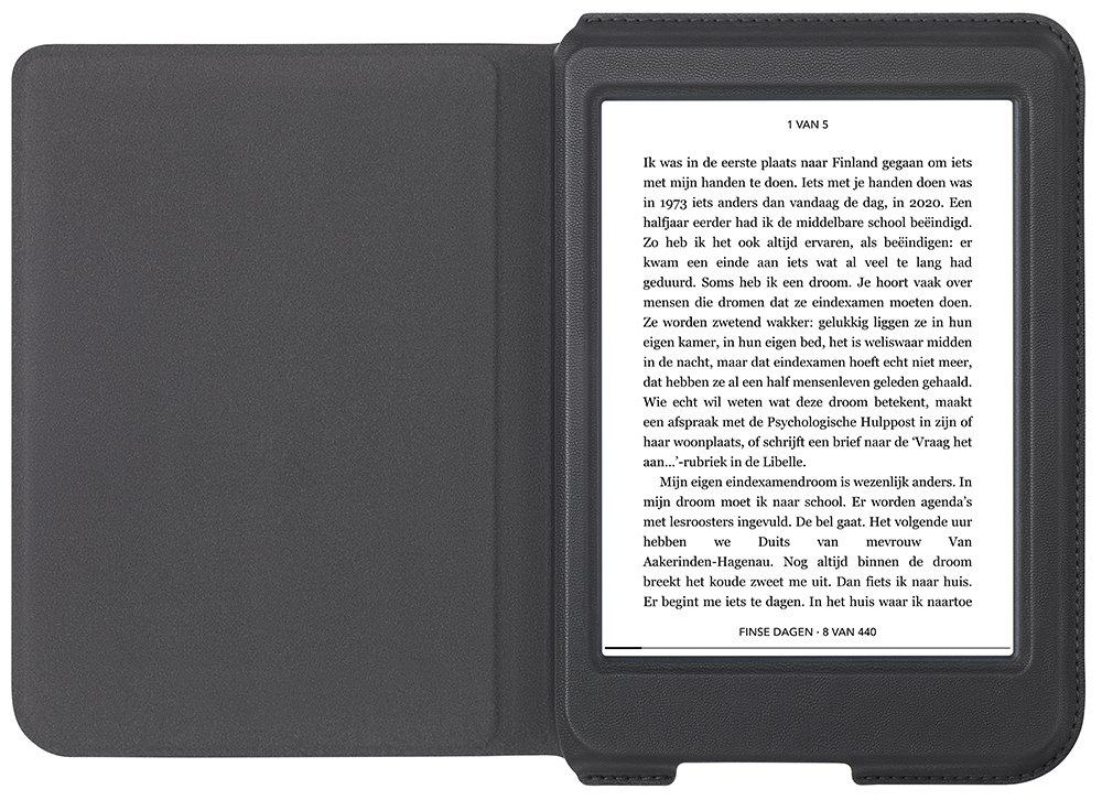 E-reader in a black case open, showing text on the screen. White background.