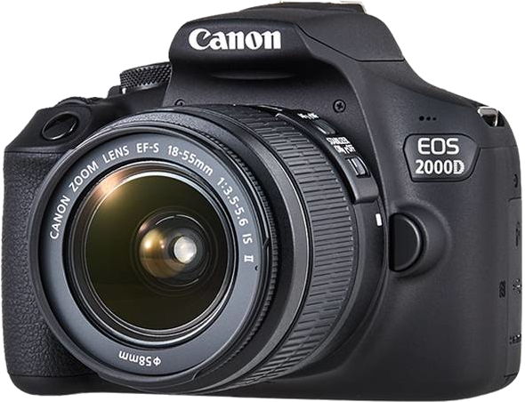 Fekete Canon EOS 2000D kamera objektívvel. Az objektív fekete, fehér szöveggel.