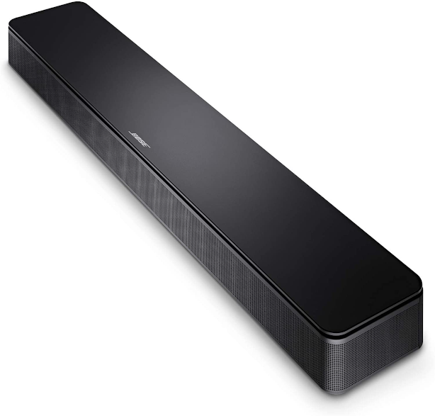 Egy fekete soundbar fényes felső felülettel és hálós oldallal, fehér háttéren.